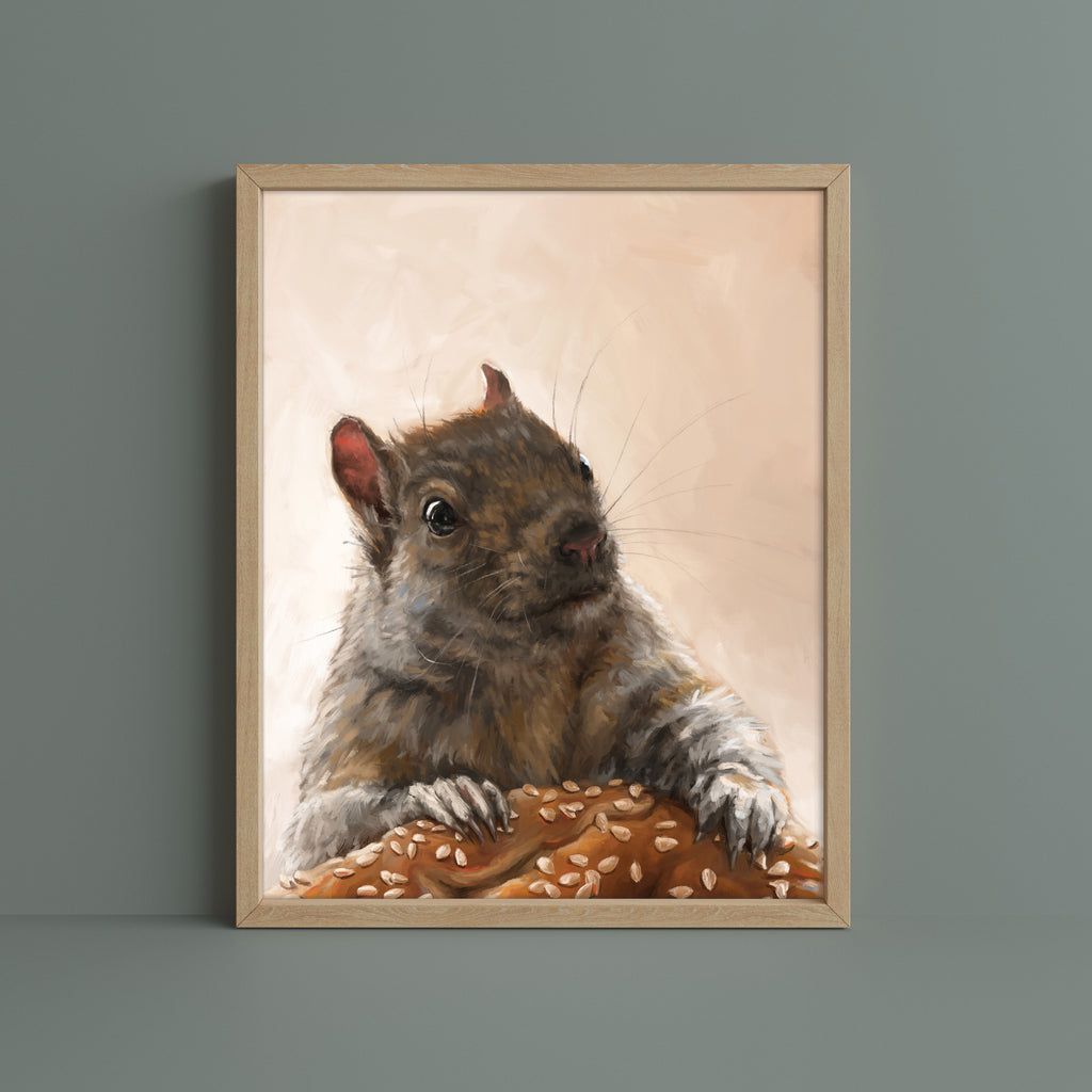 "Brigette With A Bagel" by Catherine Hébert - Grey Squirrel with a Bagel Fine Art Print