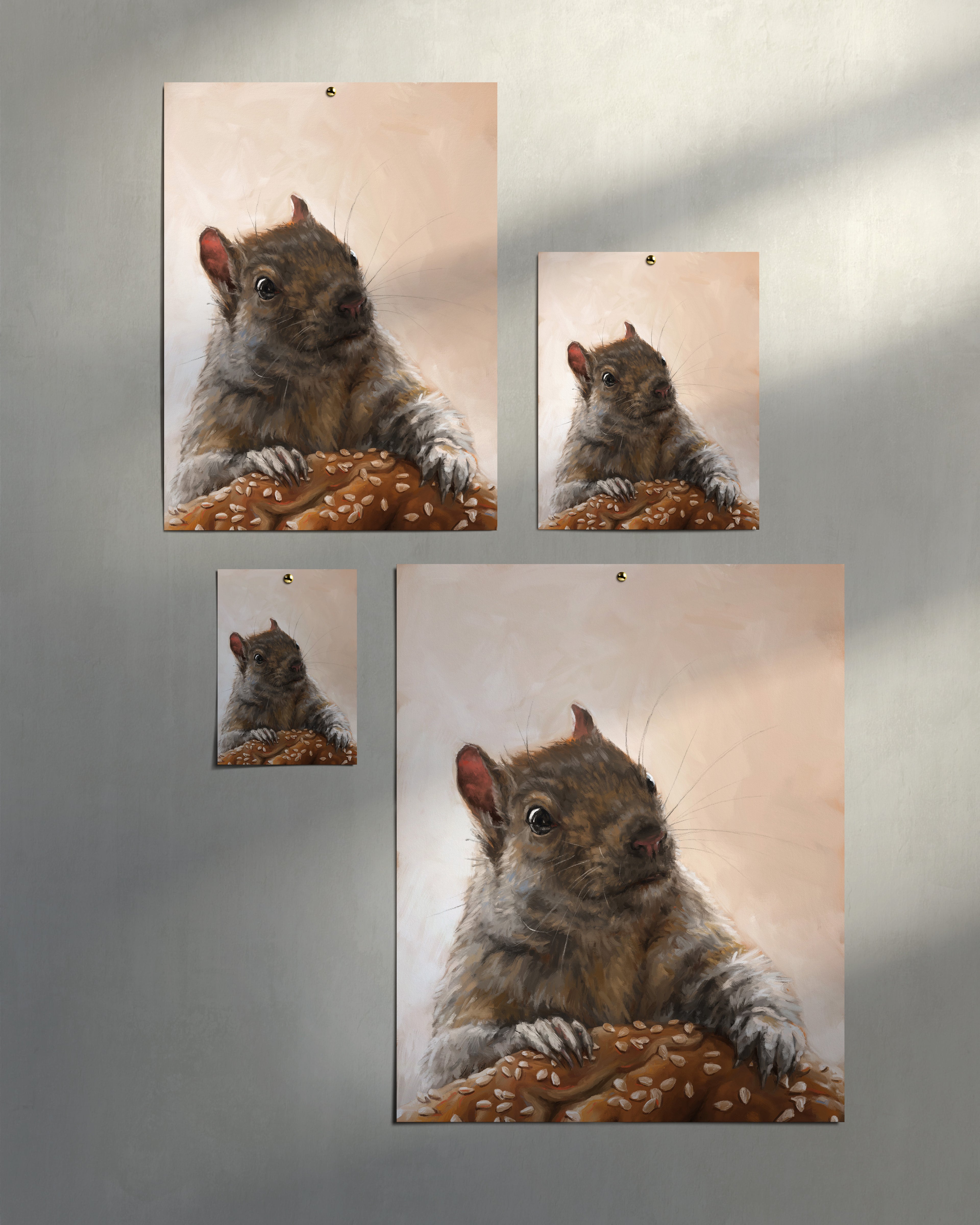 "Brigette With A Bagel" by Catherine Hébert - Grey Squirrel with a Bagel Fine Art Print