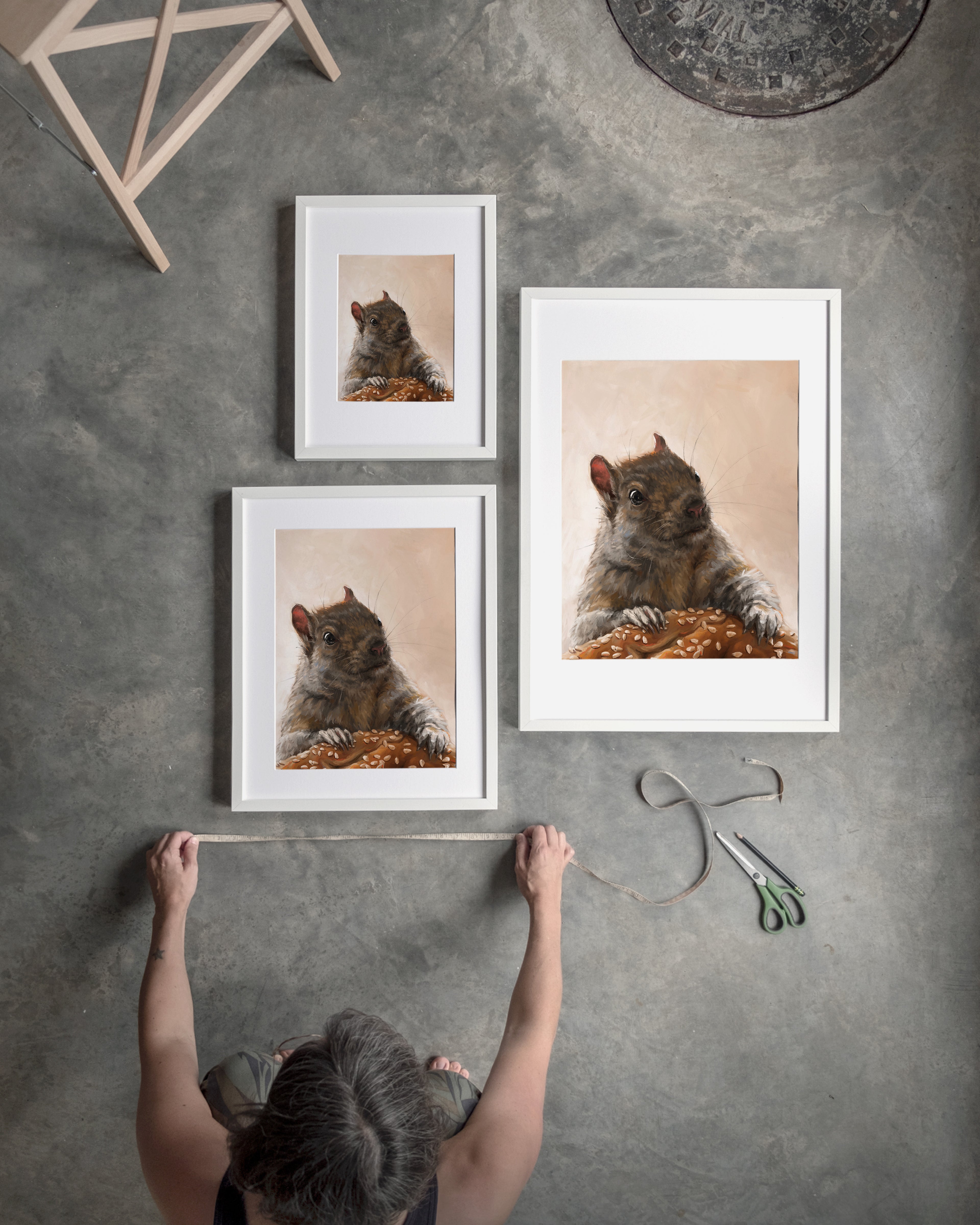 "Brigette With A Bagel" by Catherine Hébert - Grey Squirrel with a Bagel Fine Art Print