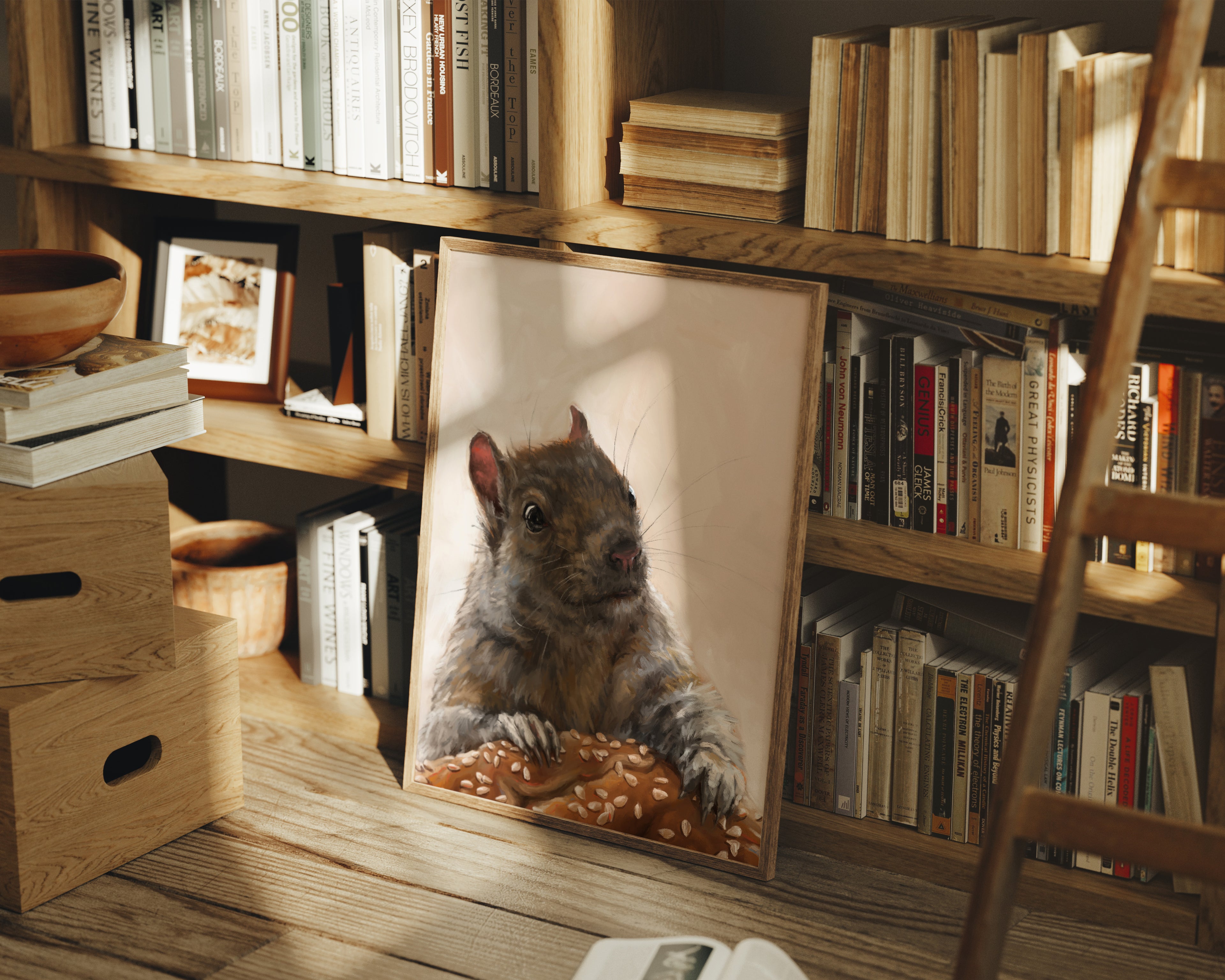 "Brigette With A Bagel" by Catherine Hébert - Grey Squirrel with a Bagel Fine Art Print