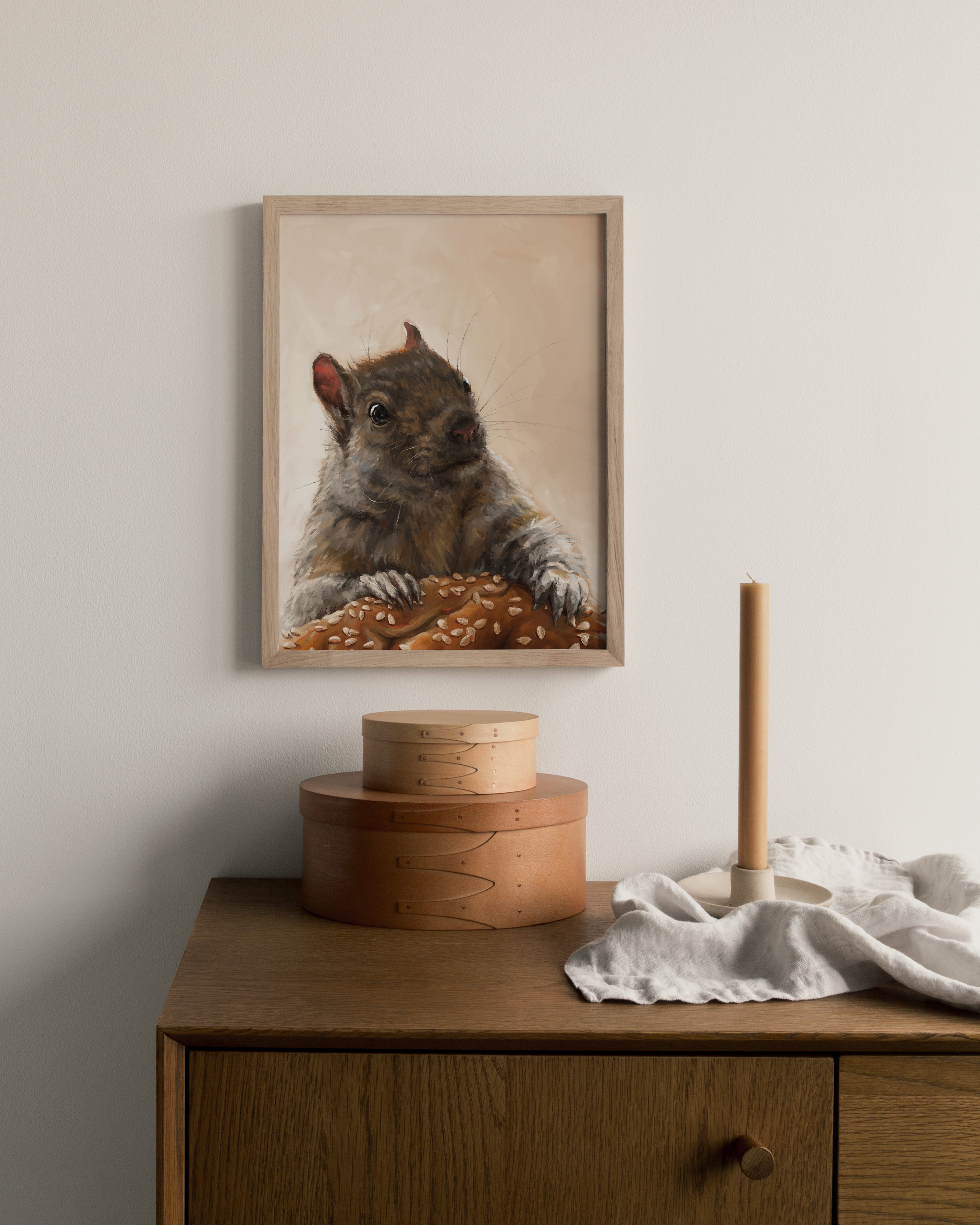 "Brigette With A Bagel" by Catherine Hébert - Grey Squirrel with a Bagel Fine Art Print
