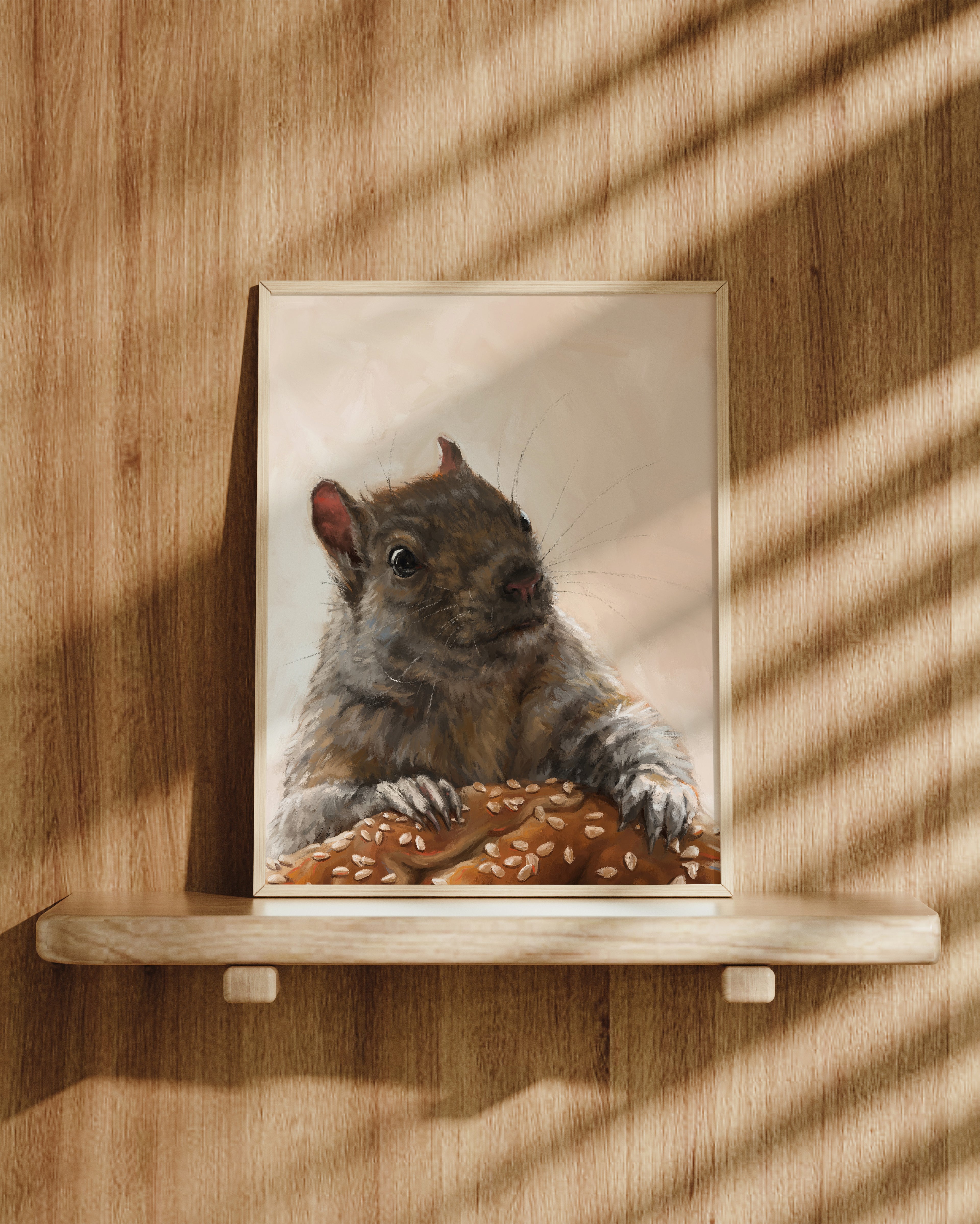 "Brigette With A Bagel" by Catherine Hébert - Grey Squirrel with a Bagel Fine Art Print