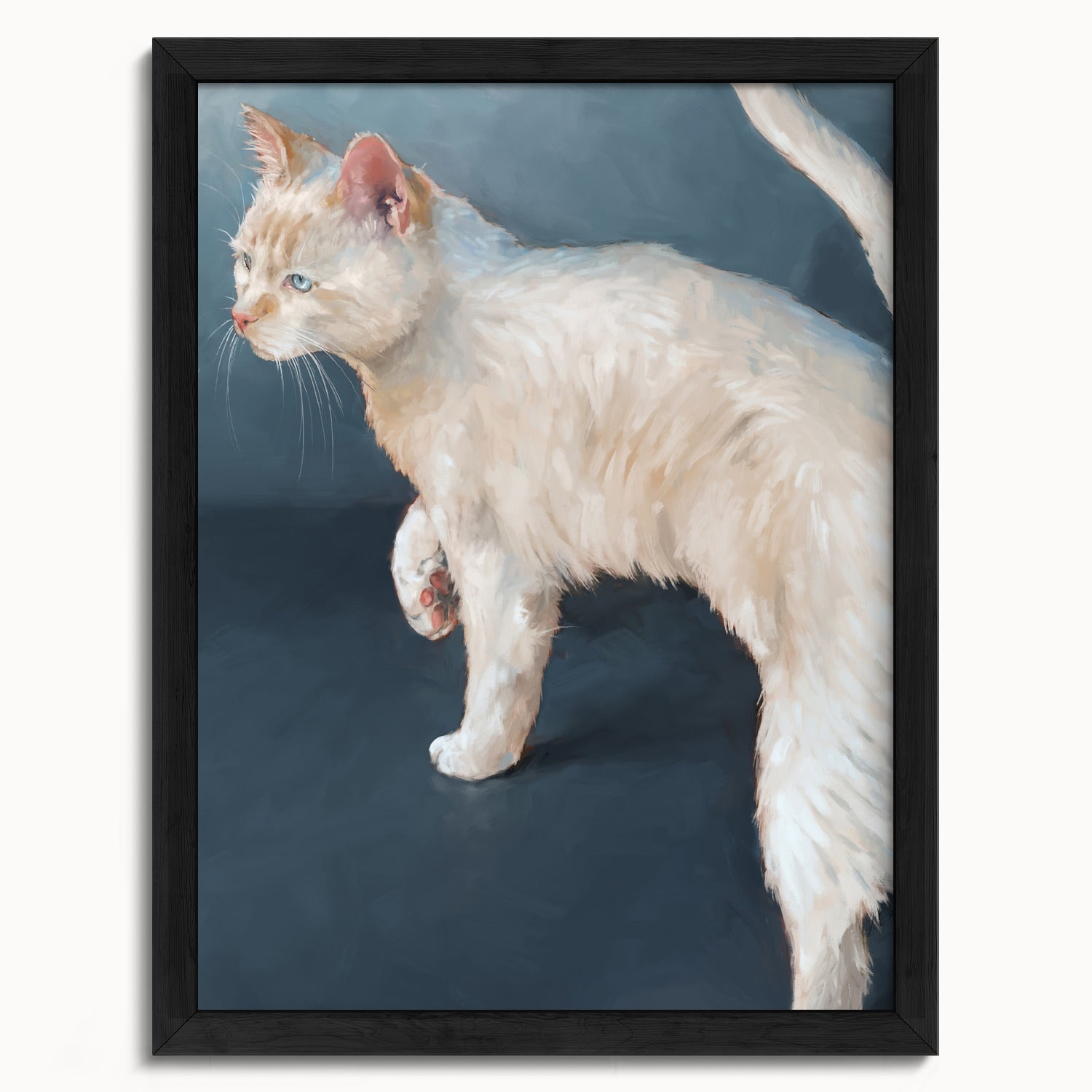 "Lucille" by Catherine Hébert - White Cat on Blue Background Fine Art Print - 12"x16" size