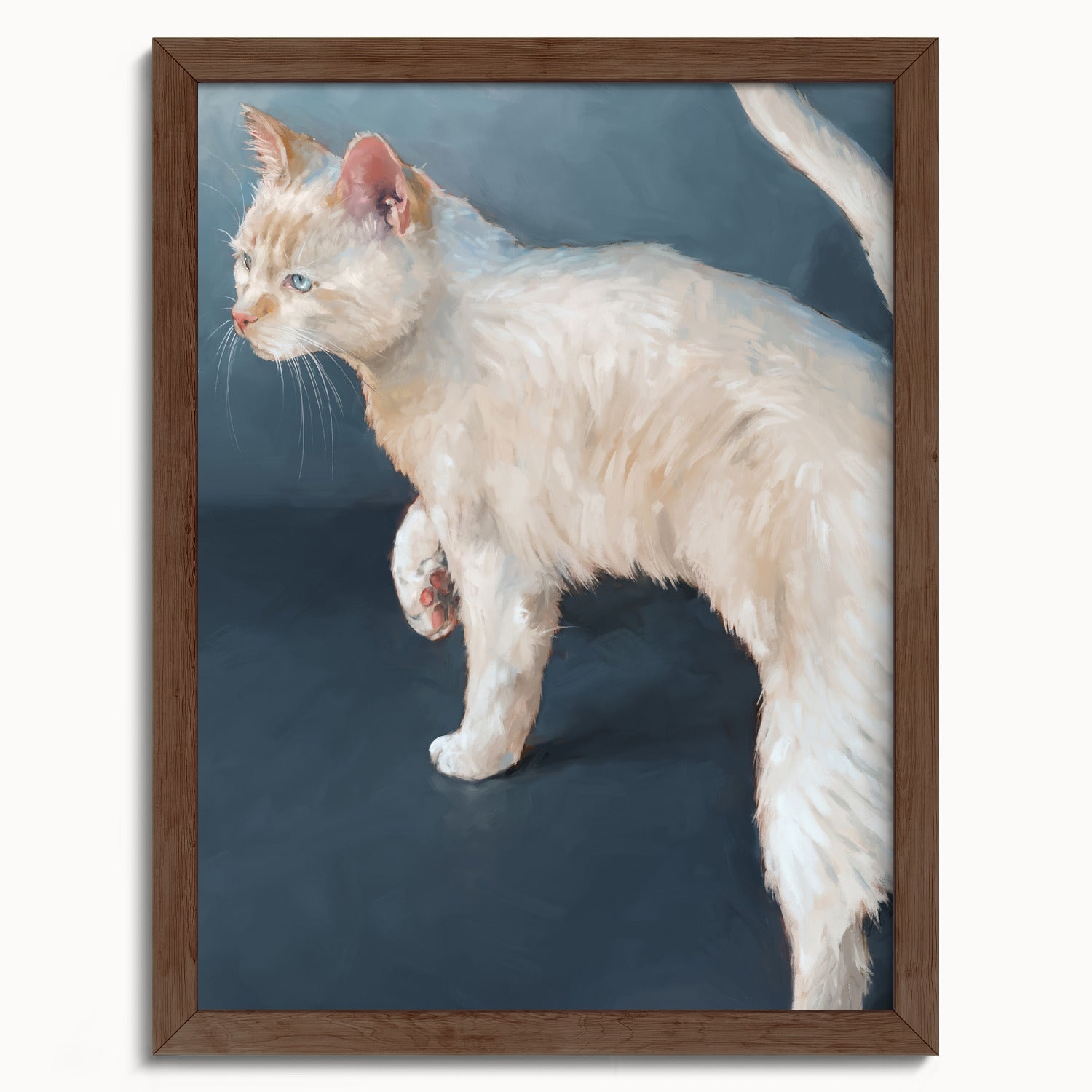 "Lucille" by Catherine Hébert - White Cat on Blue Background Fine Art Print - 12"x16" size