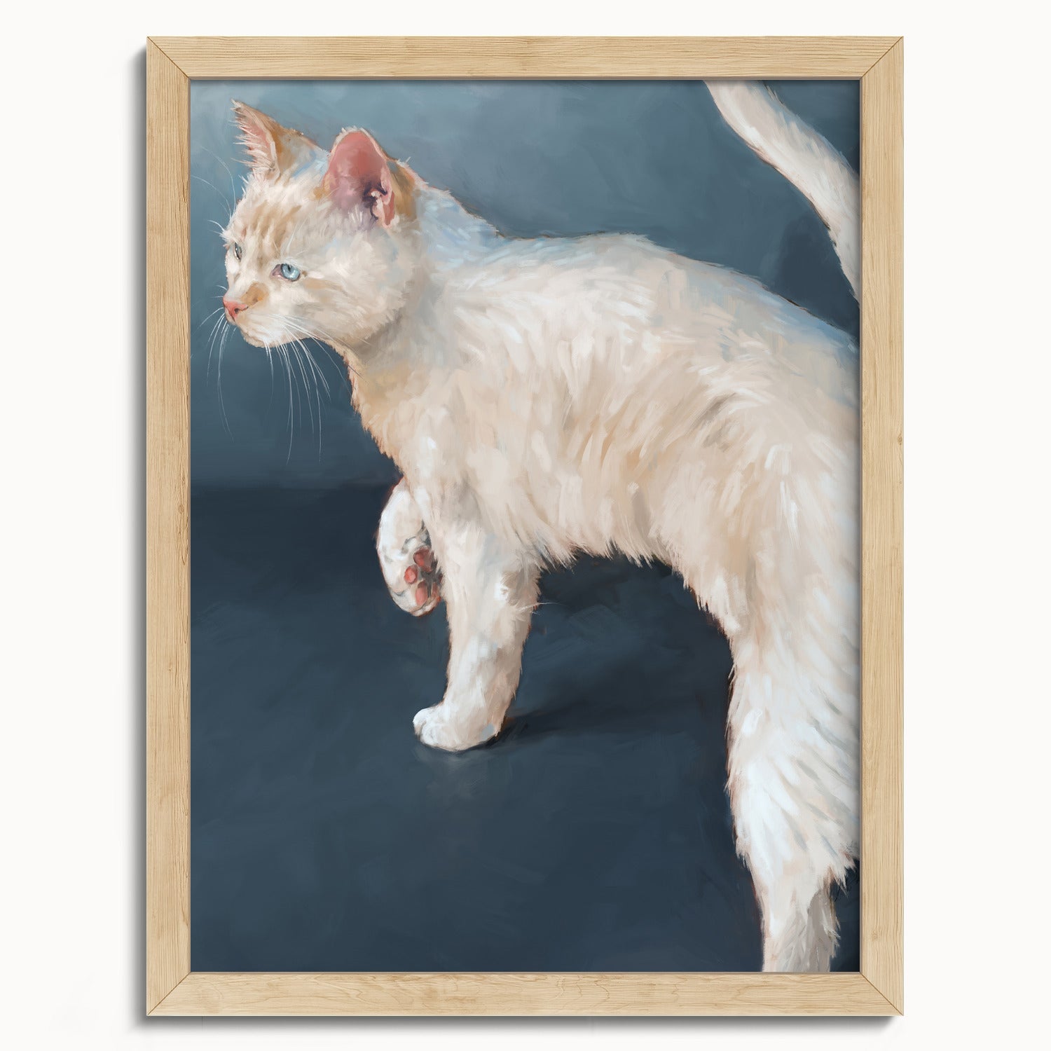 "Lucille" by Catherine Hébert - White Cat on Blue Background Fine Art Print - 12"x16" size
