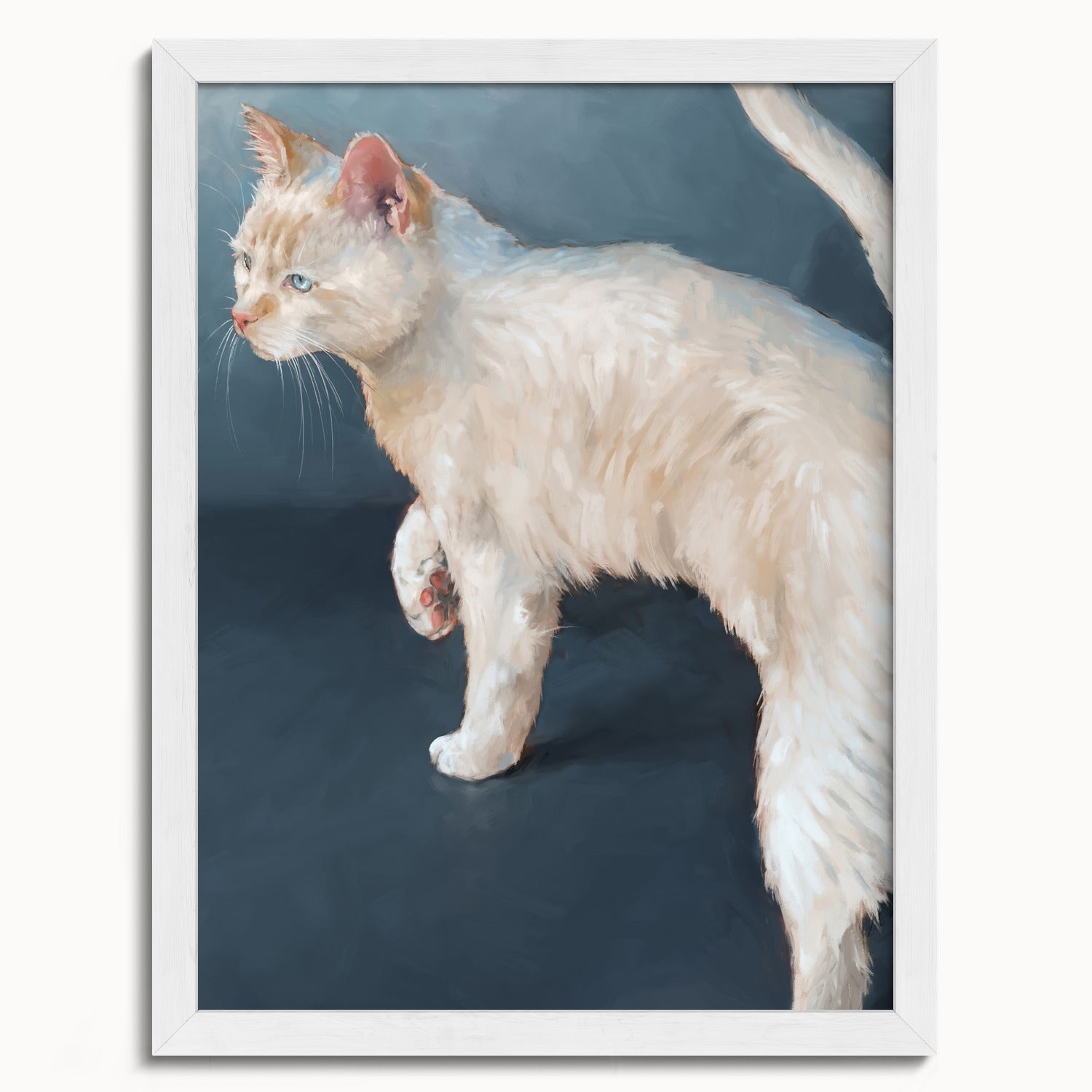 "Lucille" by Catherine Hébert - White Cat on Blue Background Fine Art Print - 12"x16" size