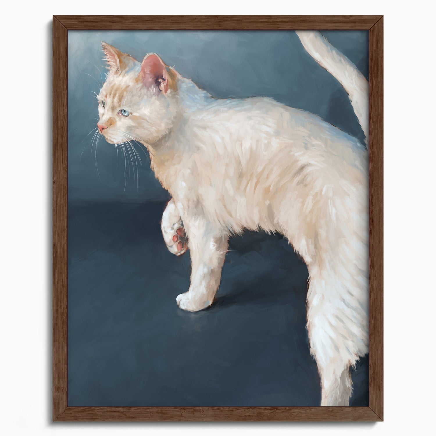 "Lucille" by Catherine Hébert - White Cat on Blue Background Fine Art Print - 16"x20" size