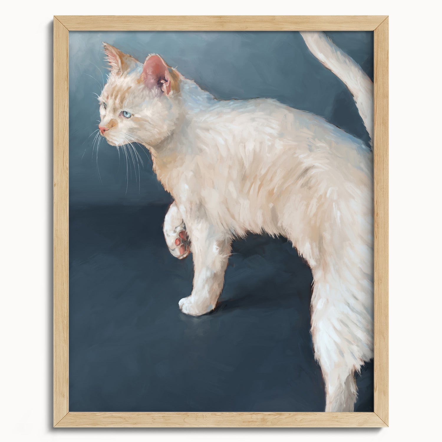 "Lucille" by Catherine Hébert - White Cat on Blue Background Fine Art Print - 16"x20" size