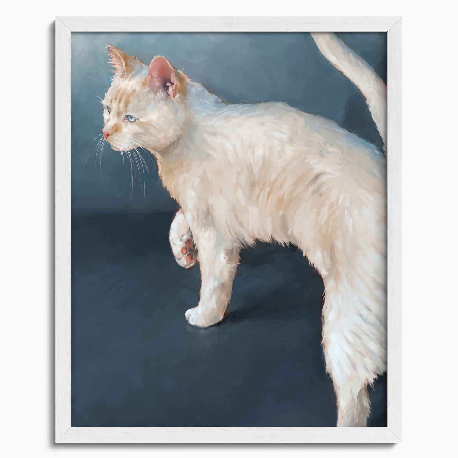 "Lucille" by Catherine Hébert - White Cat on Blue Background Fine Art Print - 16"x20" size