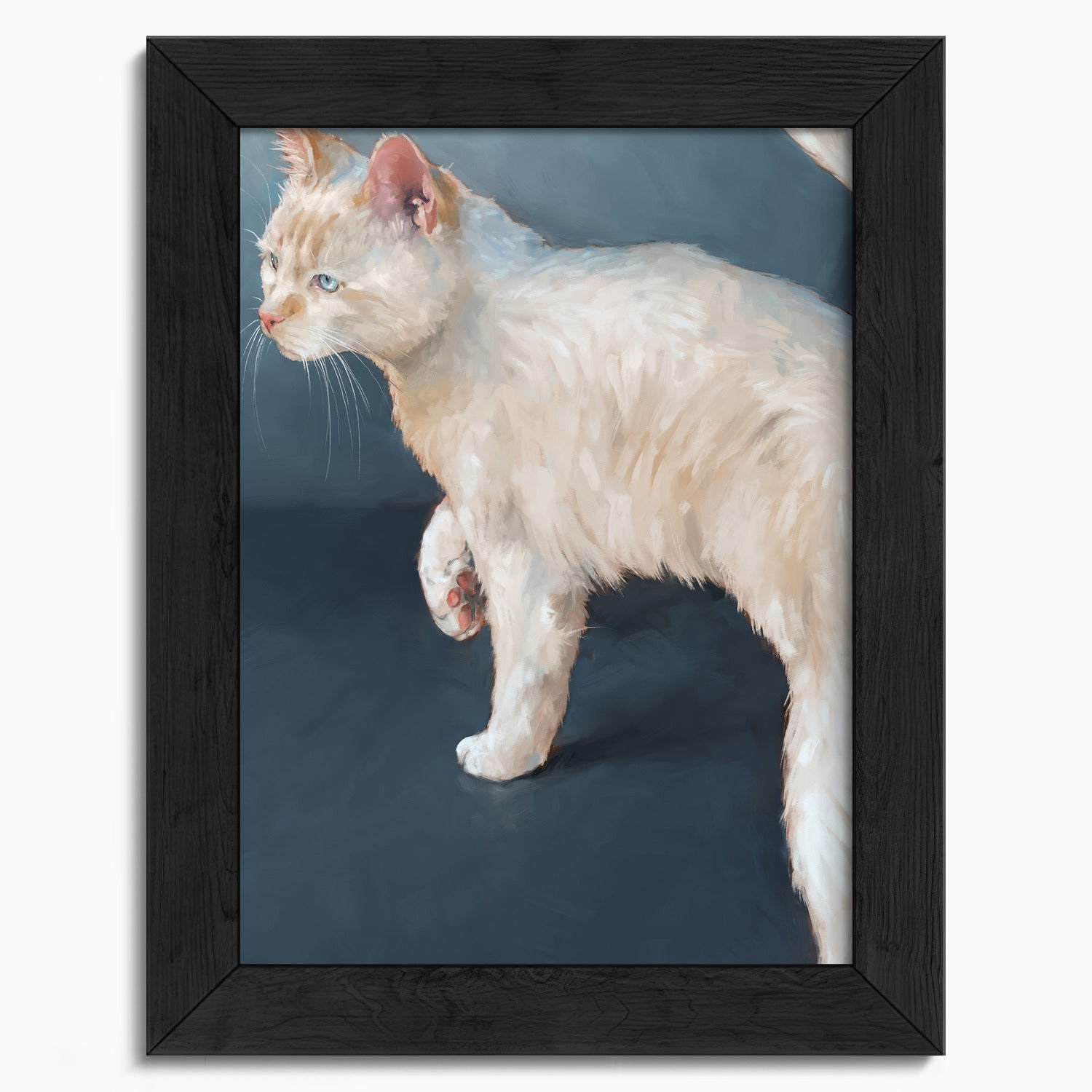 "Lucille" by Catherine Hébert - White Cat on Blue Background Fine Art Print - 5"x7" size