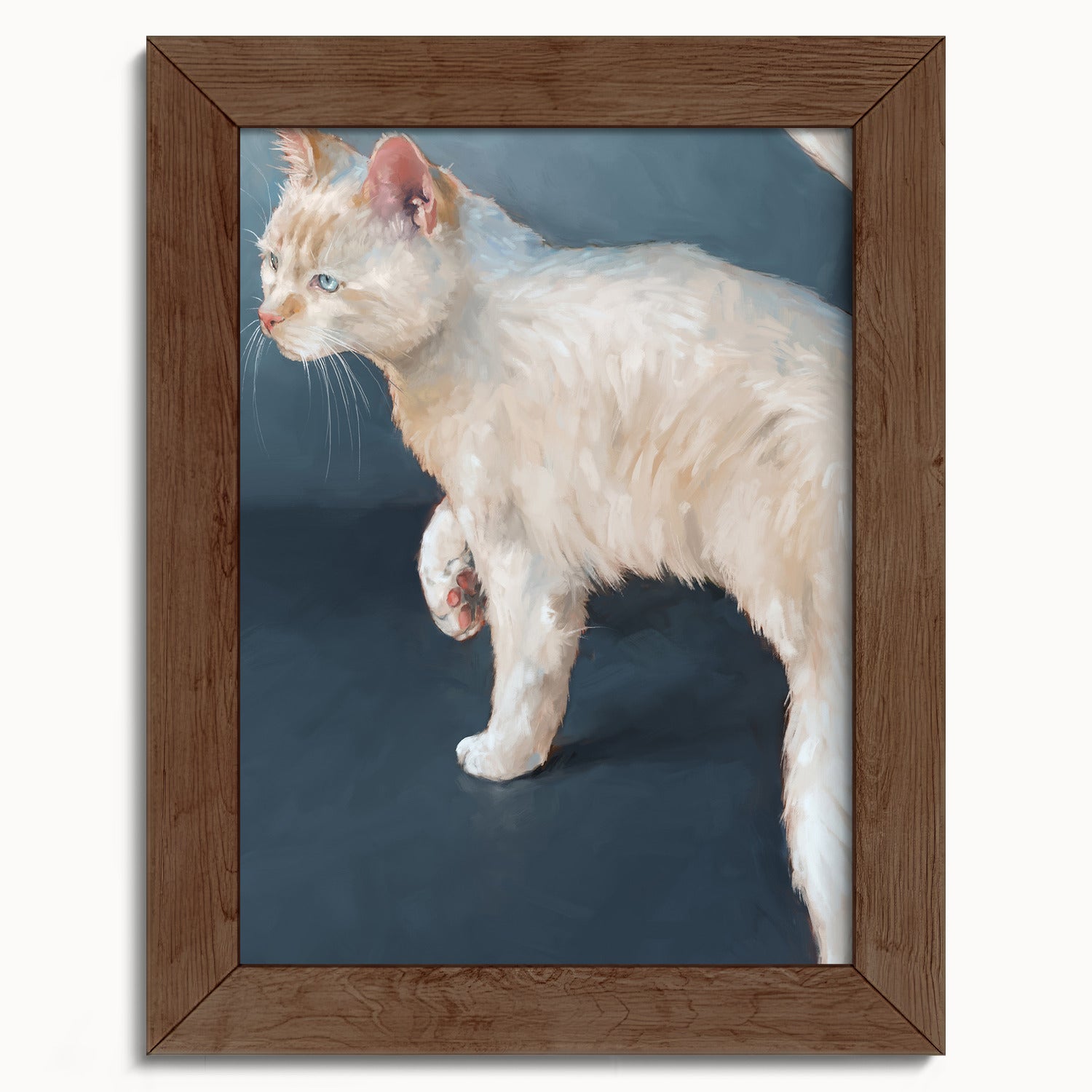 "Lucille" by Catherine Hébert - White Cat on Blue Background Fine Art Print - 5"x7" size