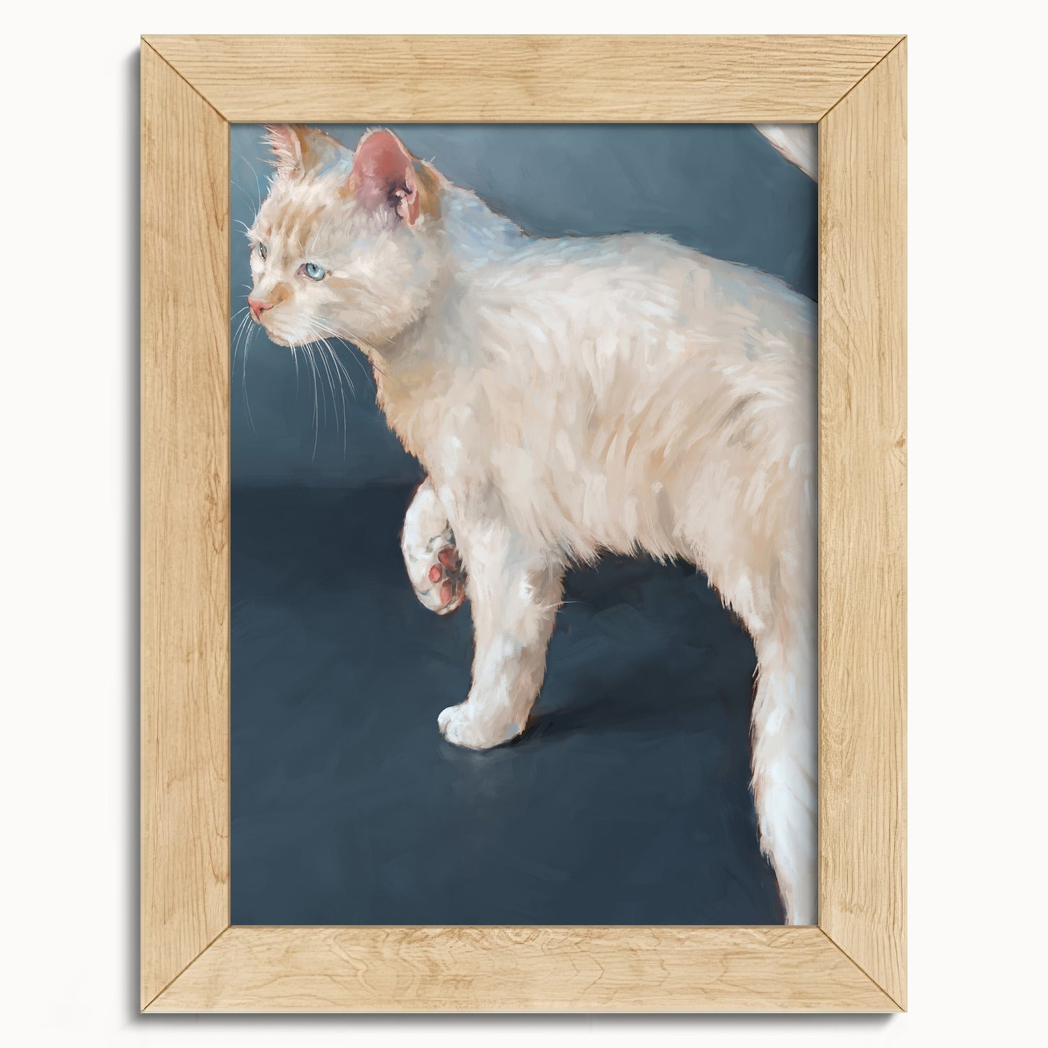 "Lucille" by Catherine Hébert - White Cat on Blue Background Fine Art Print - 5"x7" size