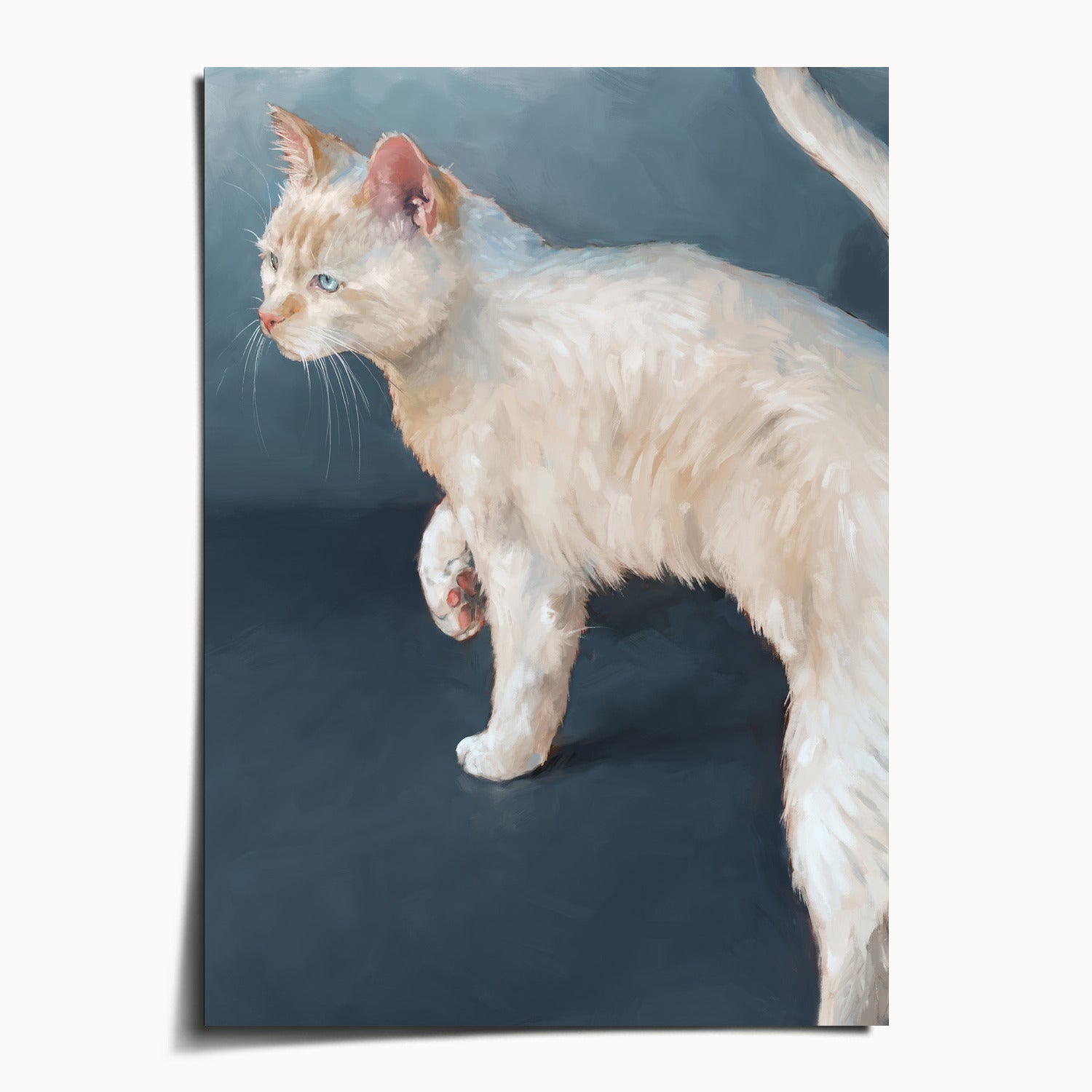 "Lucille" by Catherine Hébert - White Cat on Blue Background Fine Art Print - 5"x7" size