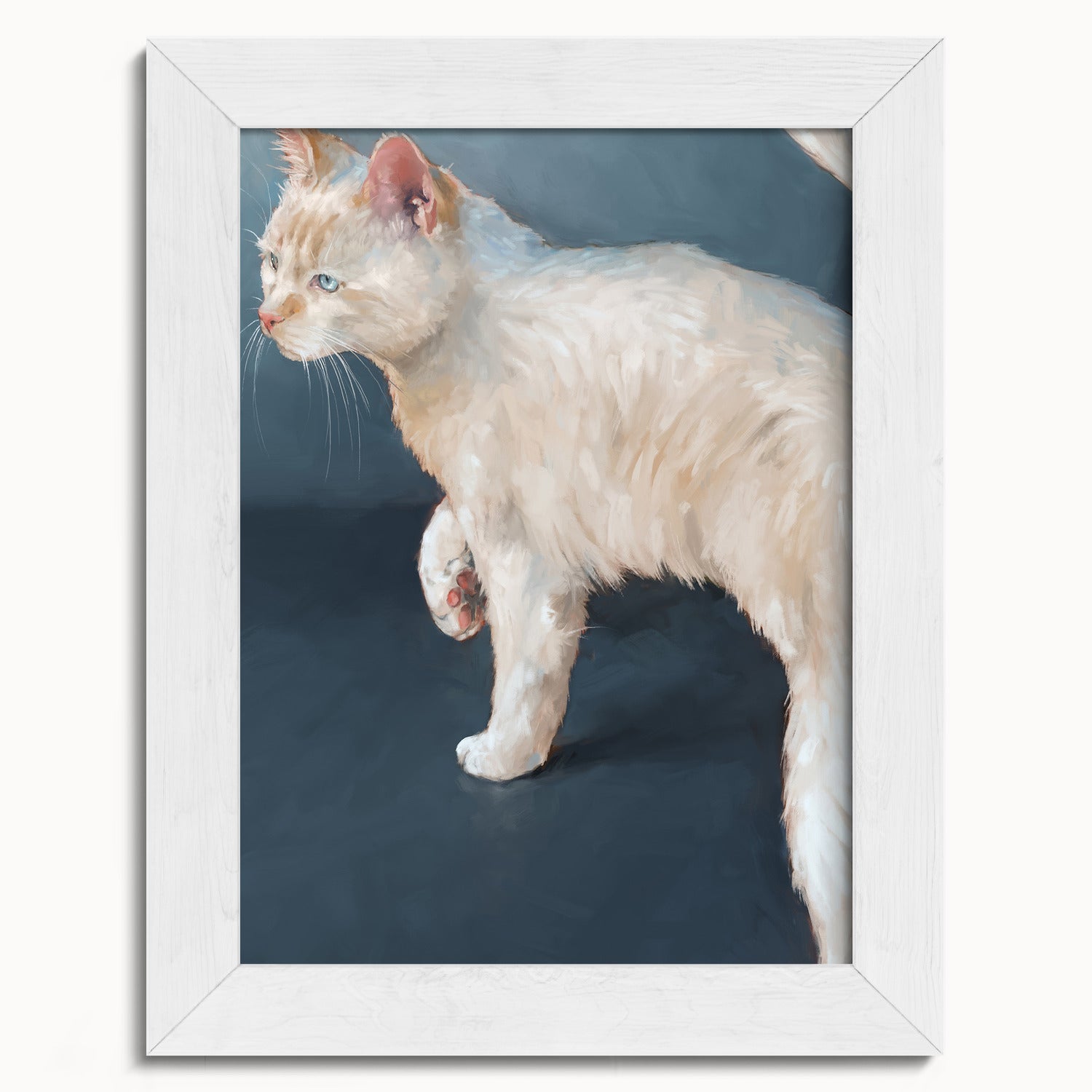 "Lucille" by Catherine Hébert - White Cat on Blue Background Fine Art Print - 5"x7" size