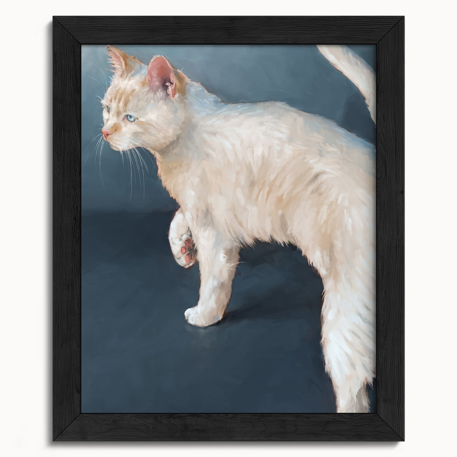 "Lucille" by Catherine Hébert - White Cat on Blue Background Fine Art Print - 8"x10" size