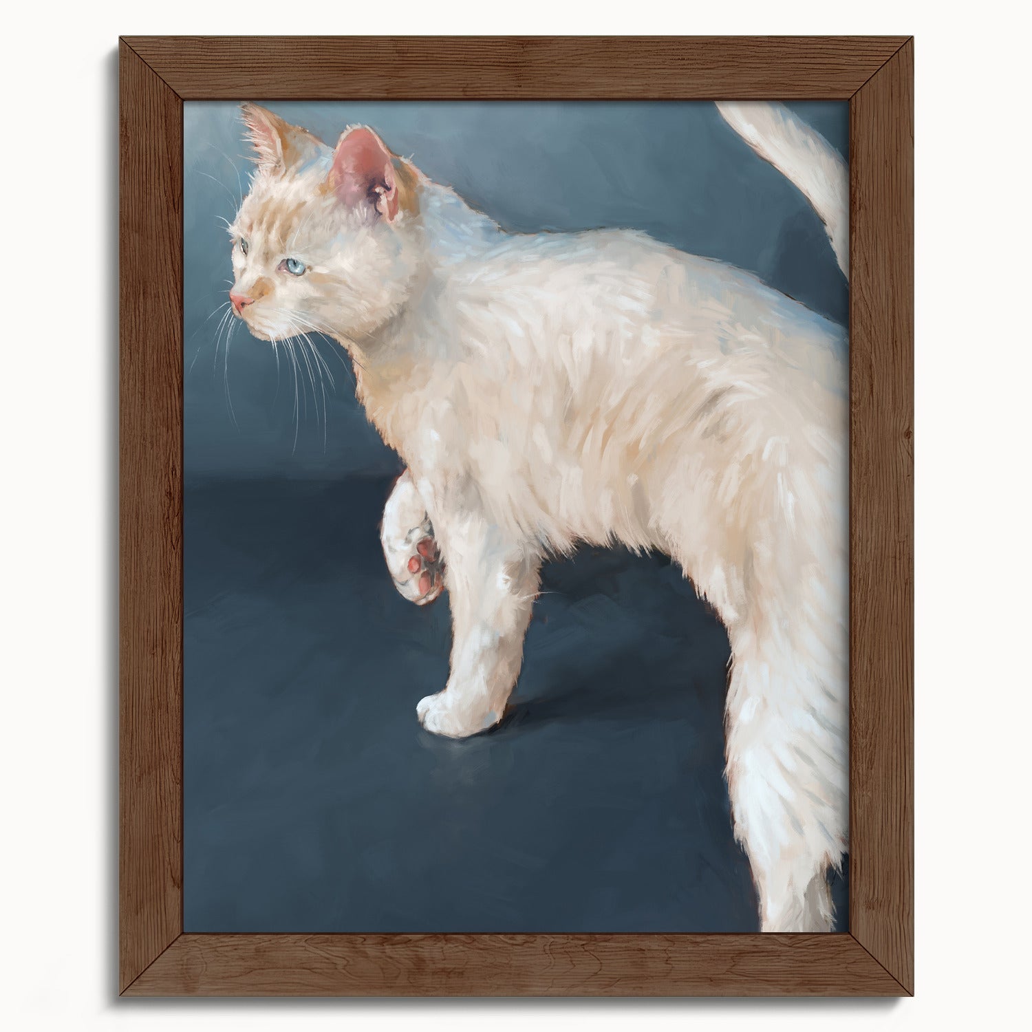 "Lucille" by Catherine Hébert - White Cat on Blue Background Fine Art Print - 8"x10" size