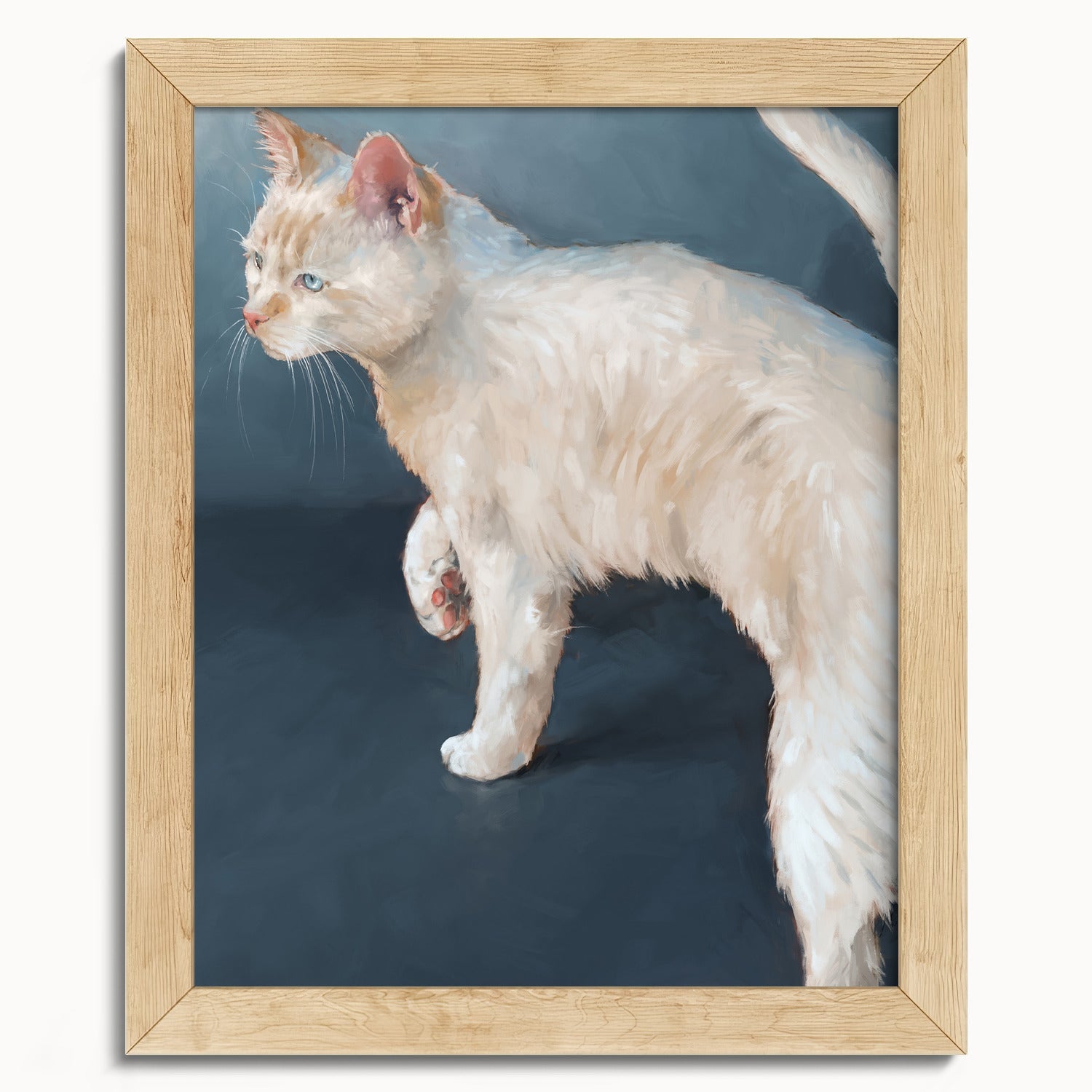 "Lucille" by Catherine Hébert - White Cat on Blue Background Fine Art Print - 8"x10" size