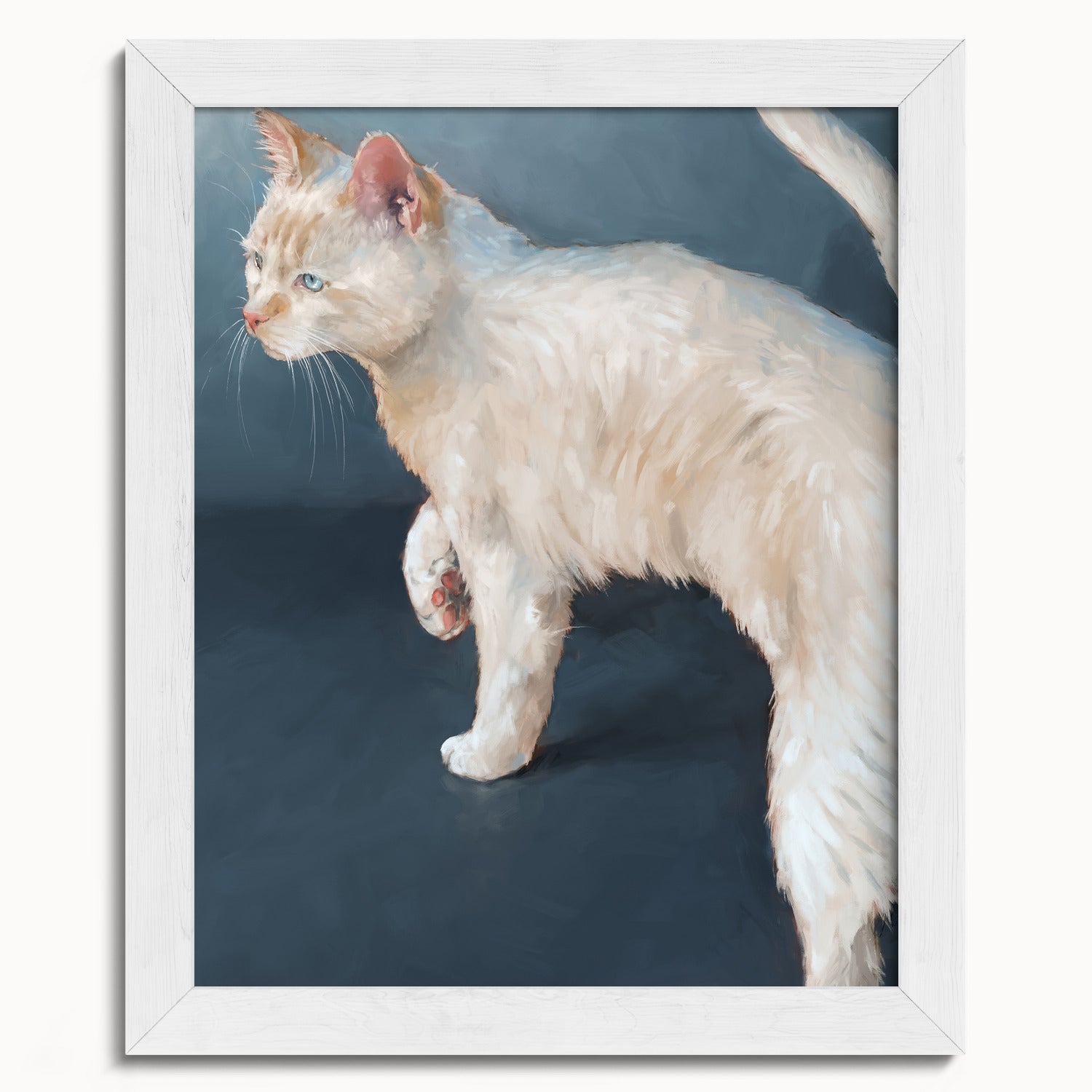 "Lucille" by Catherine Hébert - White Cat on Blue Background Fine Art Print - 8"x10" size