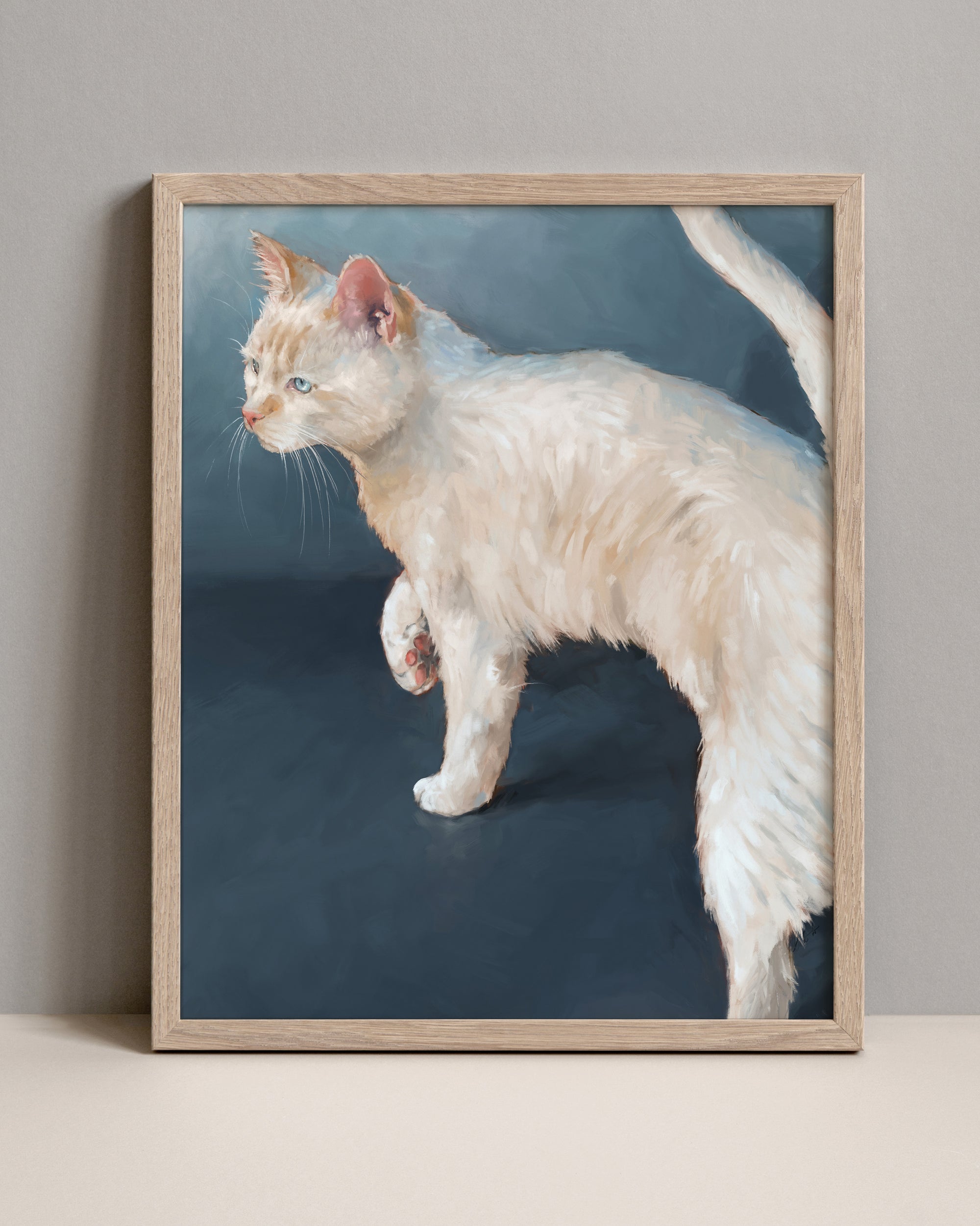 "Lucille" by Catherine Hébert - White Cat on Blue Background Fine Art Print