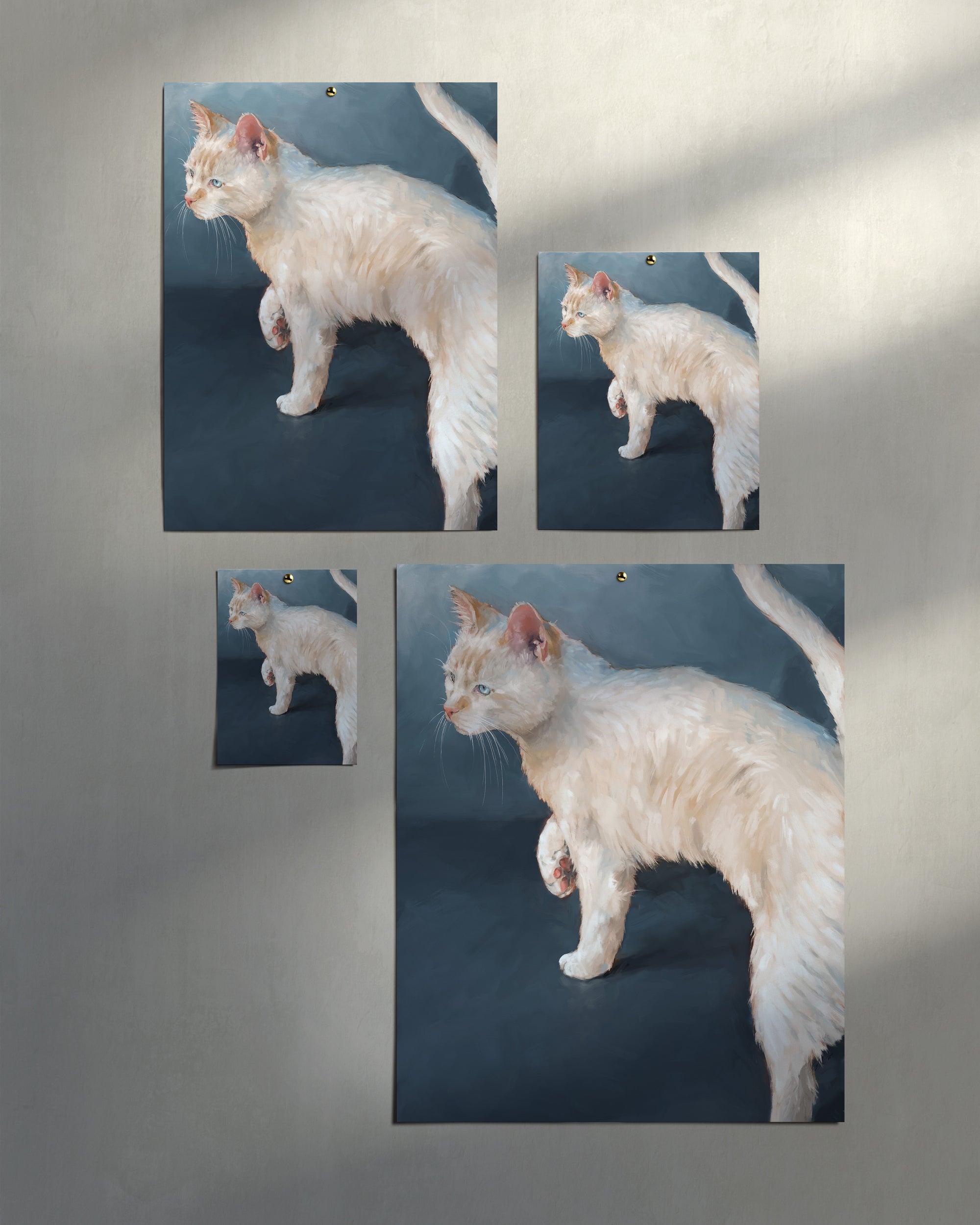 "Lucille" by Catherine Hébert - White Cat on Blue Background Fine Art Print
