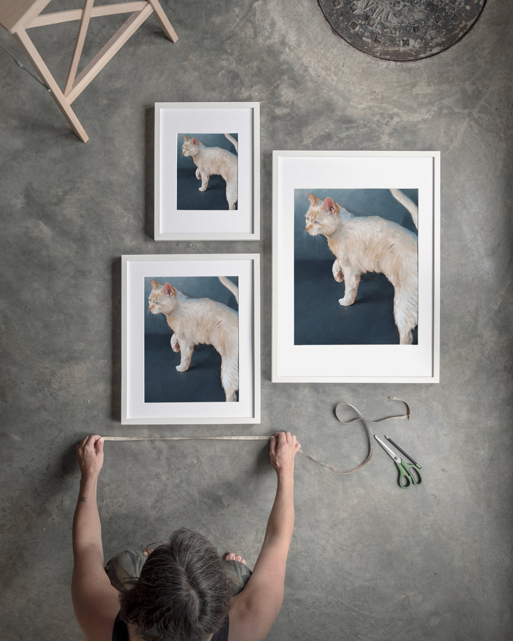 "Lucille" by Catherine Hébert - White Cat on Blue Background Fine Art Print