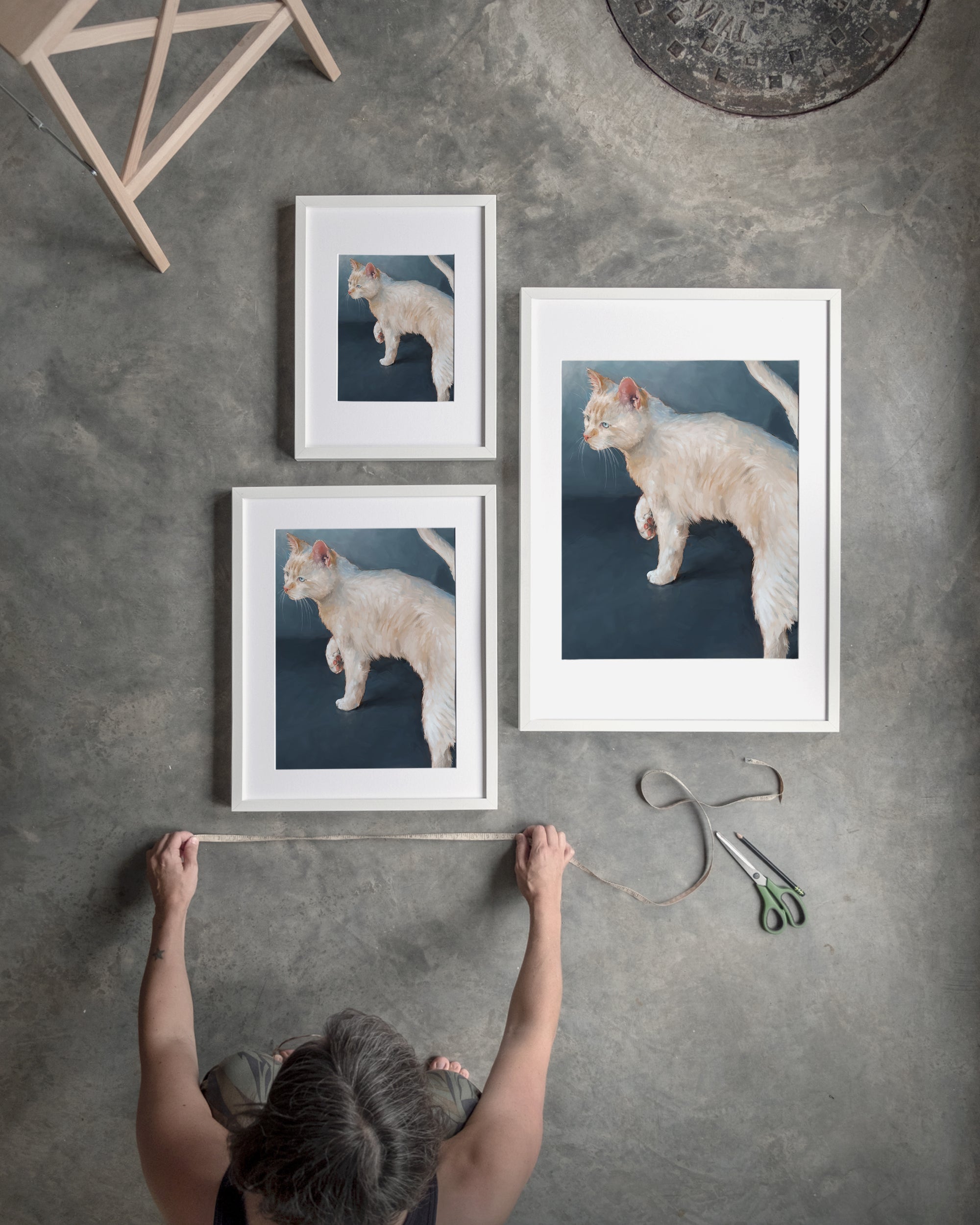 "Lucille" by Catherine Hébert - White Cat on Blue Background Fine Art Print