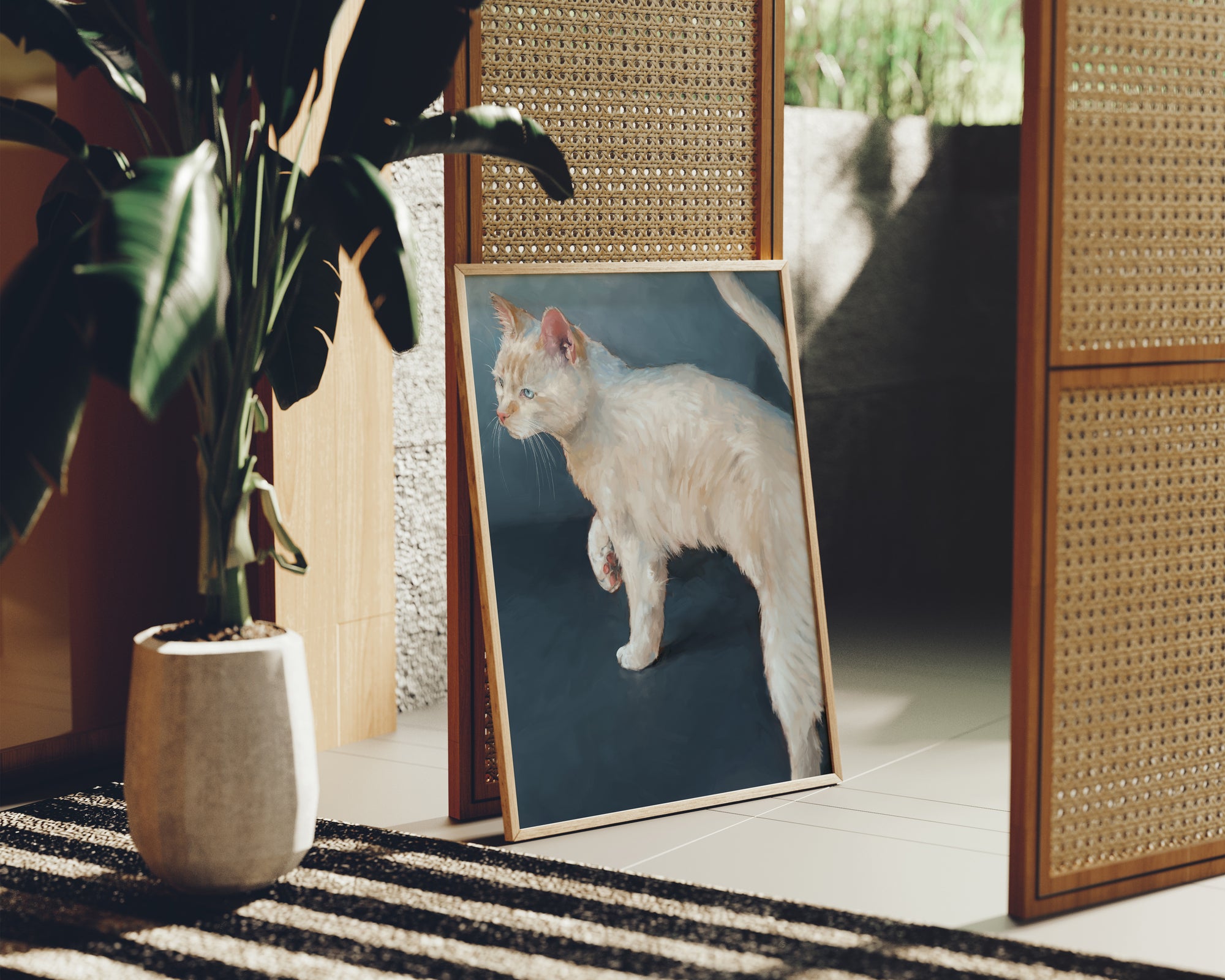 "Lucille" by Catherine Hébert - White Cat on Blue Background Fine Art Print