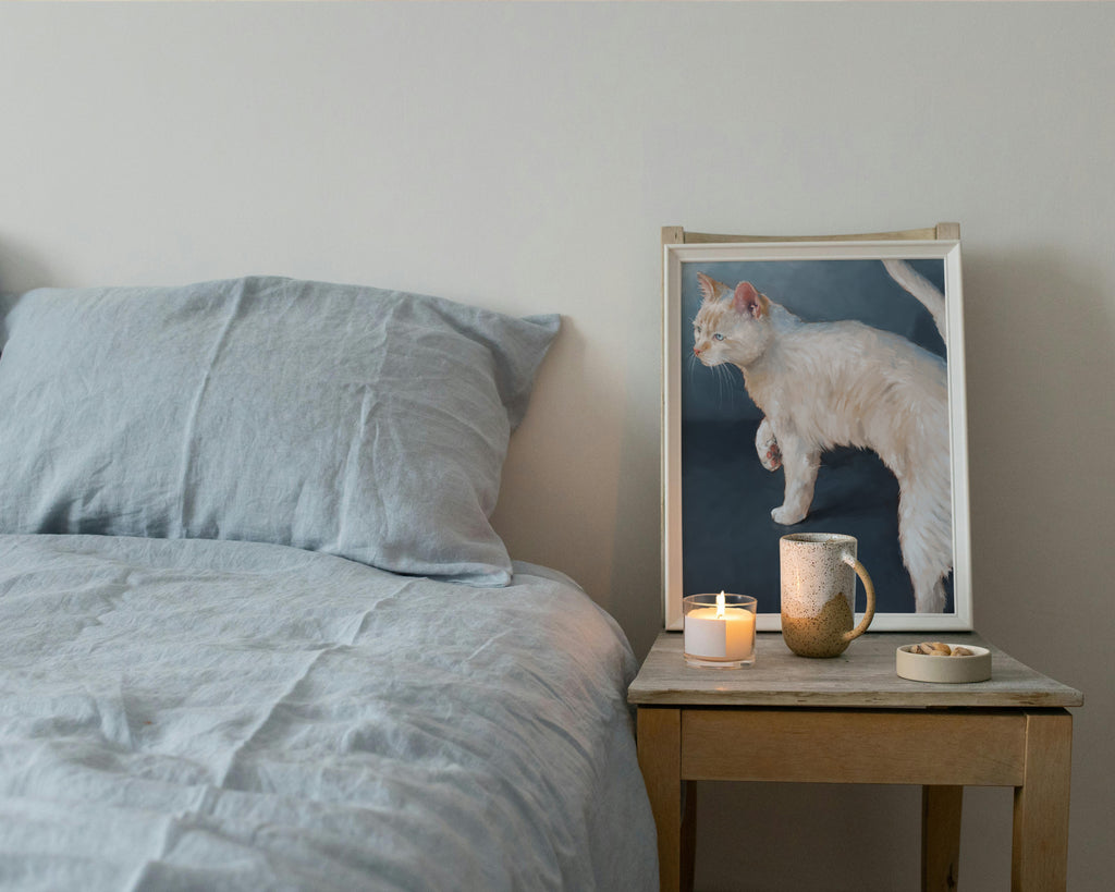 "Lucille" by Catherine Hébert - White Cat on Blue Background Fine Art Print