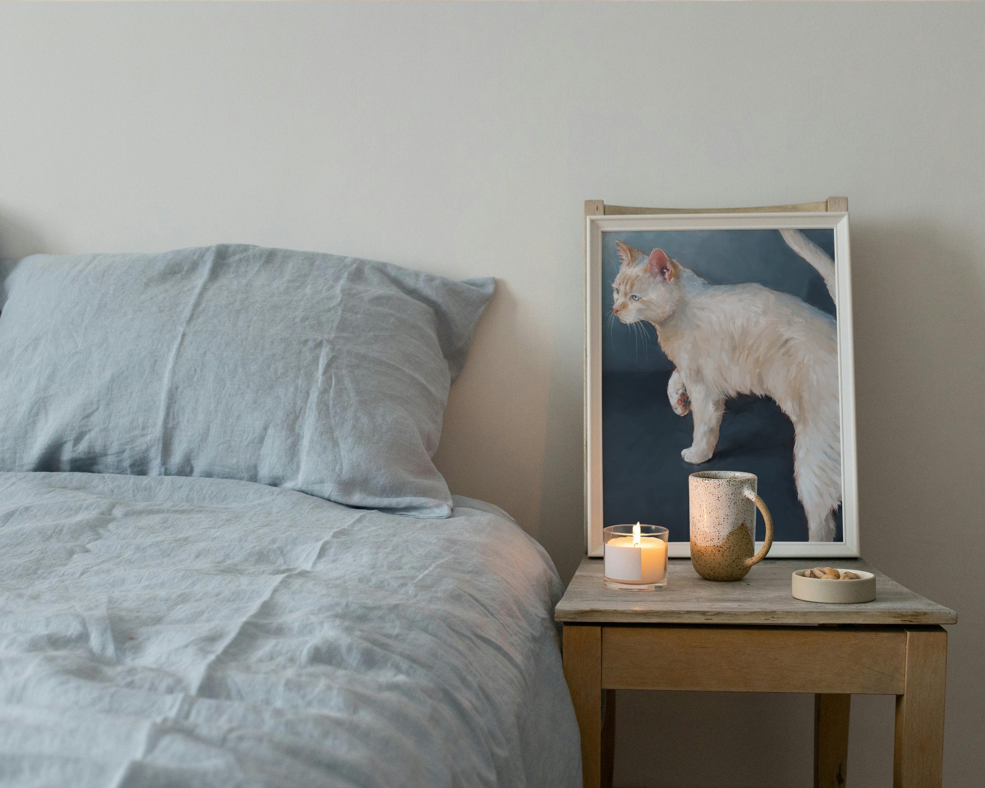 "Lucille" by Catherine Hébert - White Cat on Blue Background Fine Art Print
