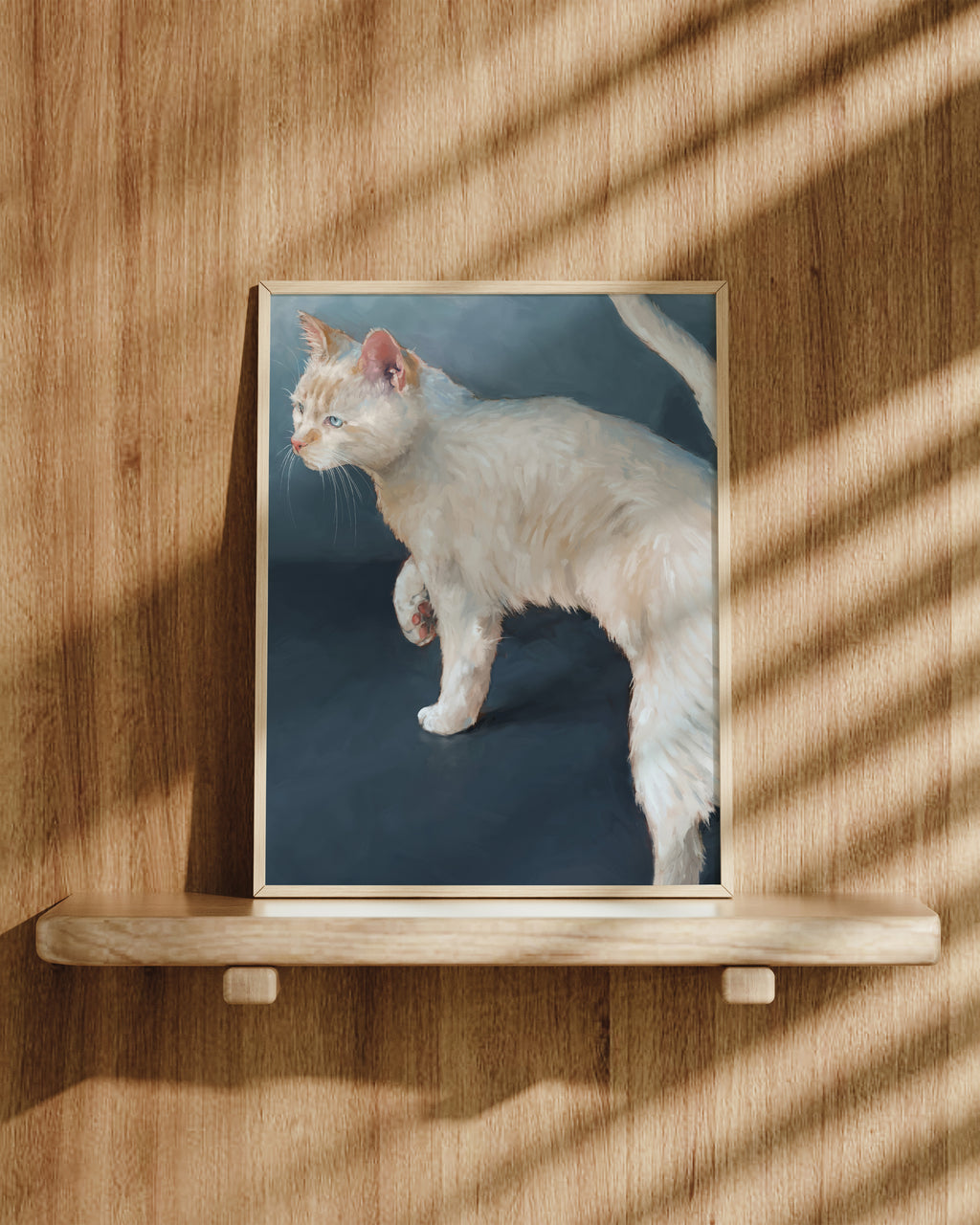 "Lucille" by Catherine Hébert - White Cat on Blue Background Fine Art Print