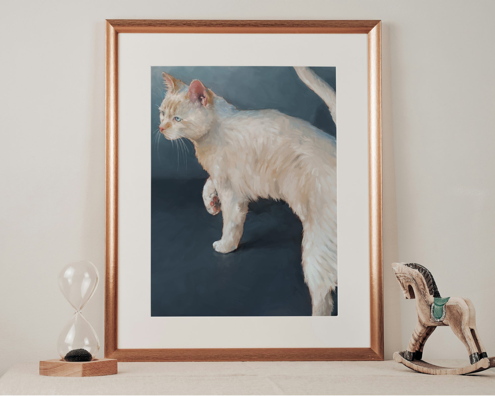 "Lucille" by Catherine Hébert - White Cat on Blue Background Fine Art Print