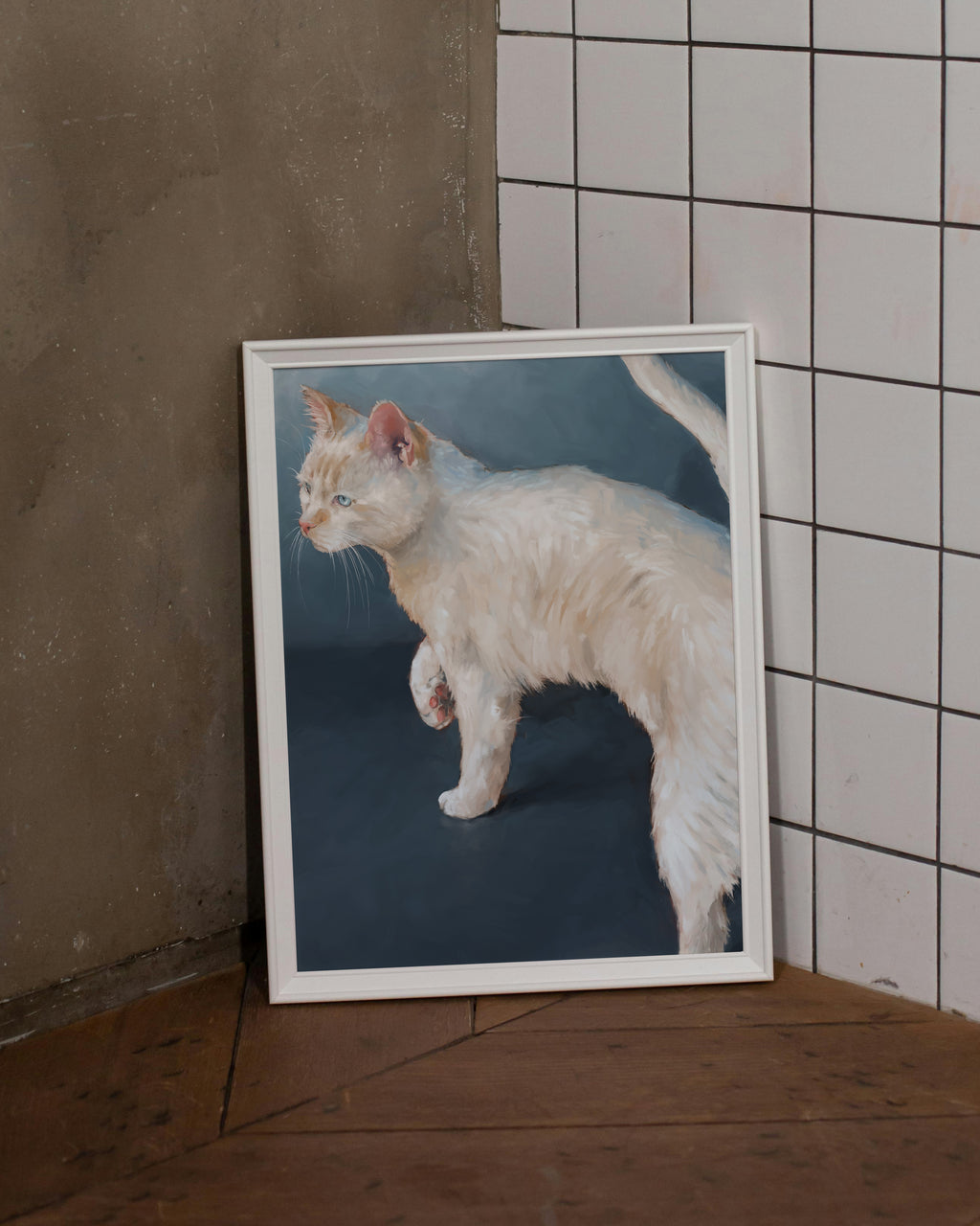 "Lucille" by Catherine Hébert - White Cat on Blue Background Fine Art Print