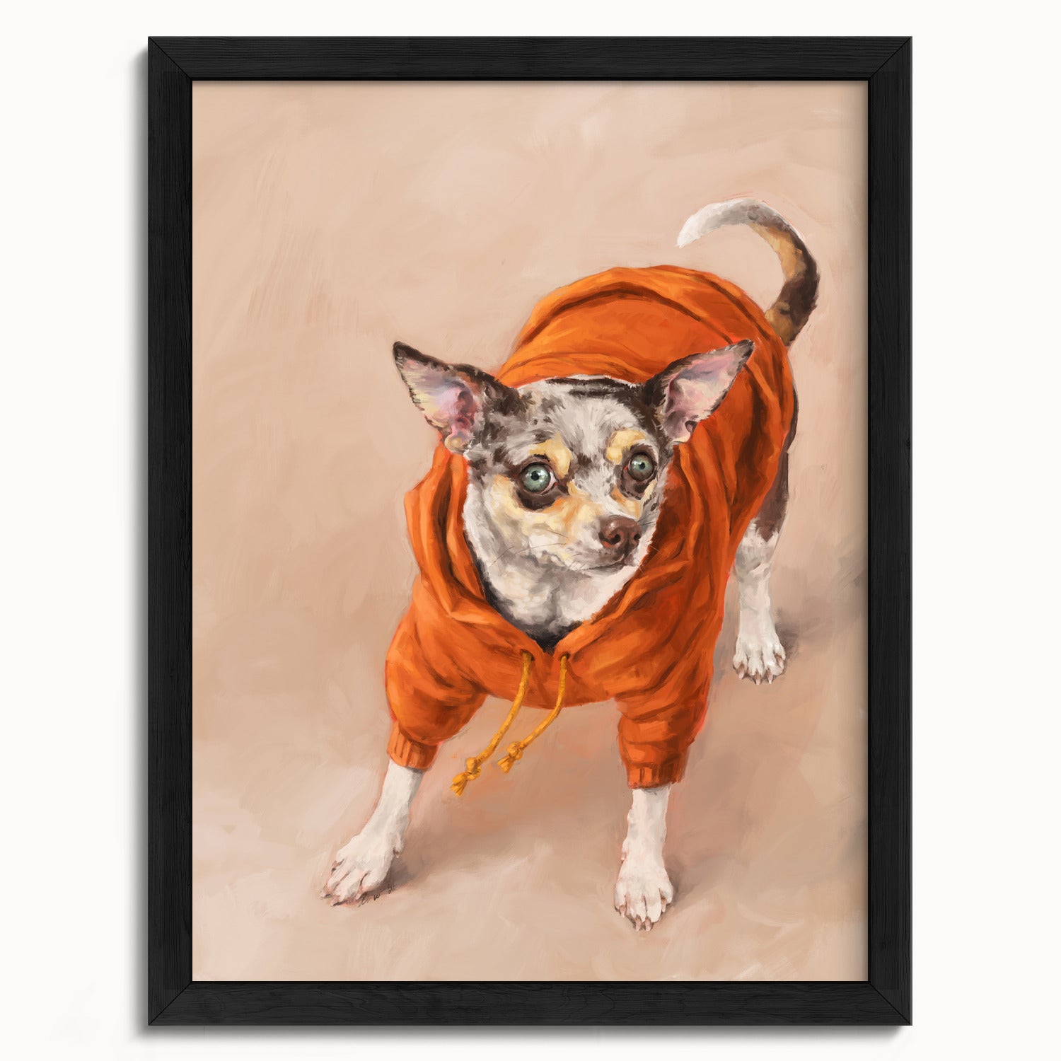 "Eastern Passage Dog" by Catherine Hébert - Chihuahua in Orange Hoodie Art Print - 12"x16" size