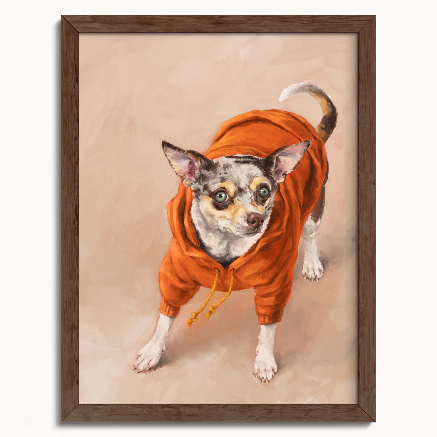 "Eastern Passage Dog" by Catherine Hébert - Chihuahua in Orange Hoodie Art Print - 12"x16" size
