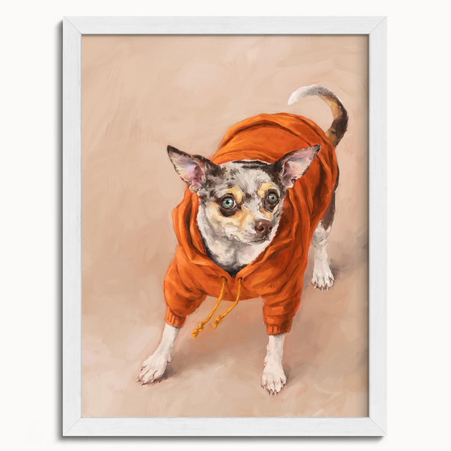 "Eastern Passage Dog" by Catherine Hébert - Chihuahua in Orange Hoodie Art Print - 12"x16" size