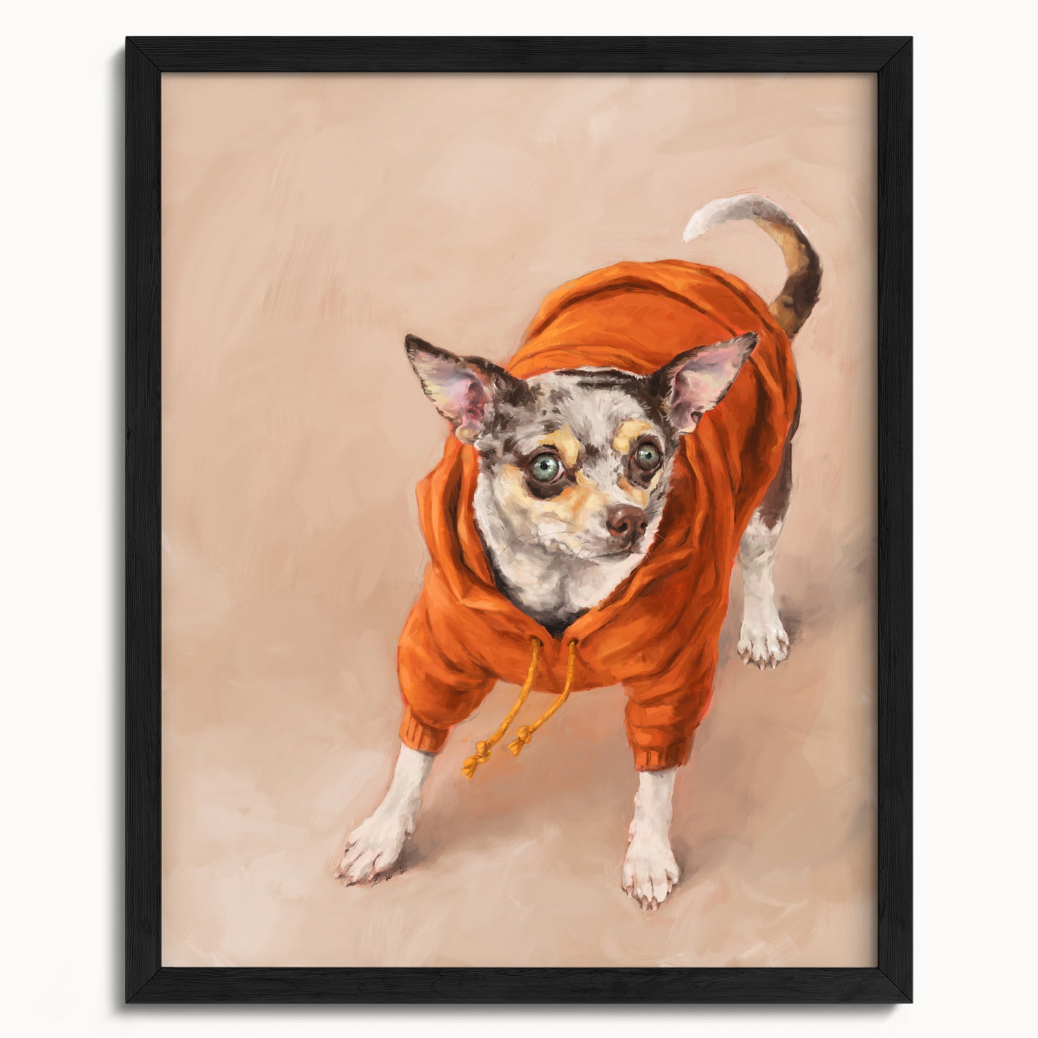 "Eastern Passage Dog" by Catherine Hébert - Chihuahua in Orange Hoodie Art Print - 16"x20" size
