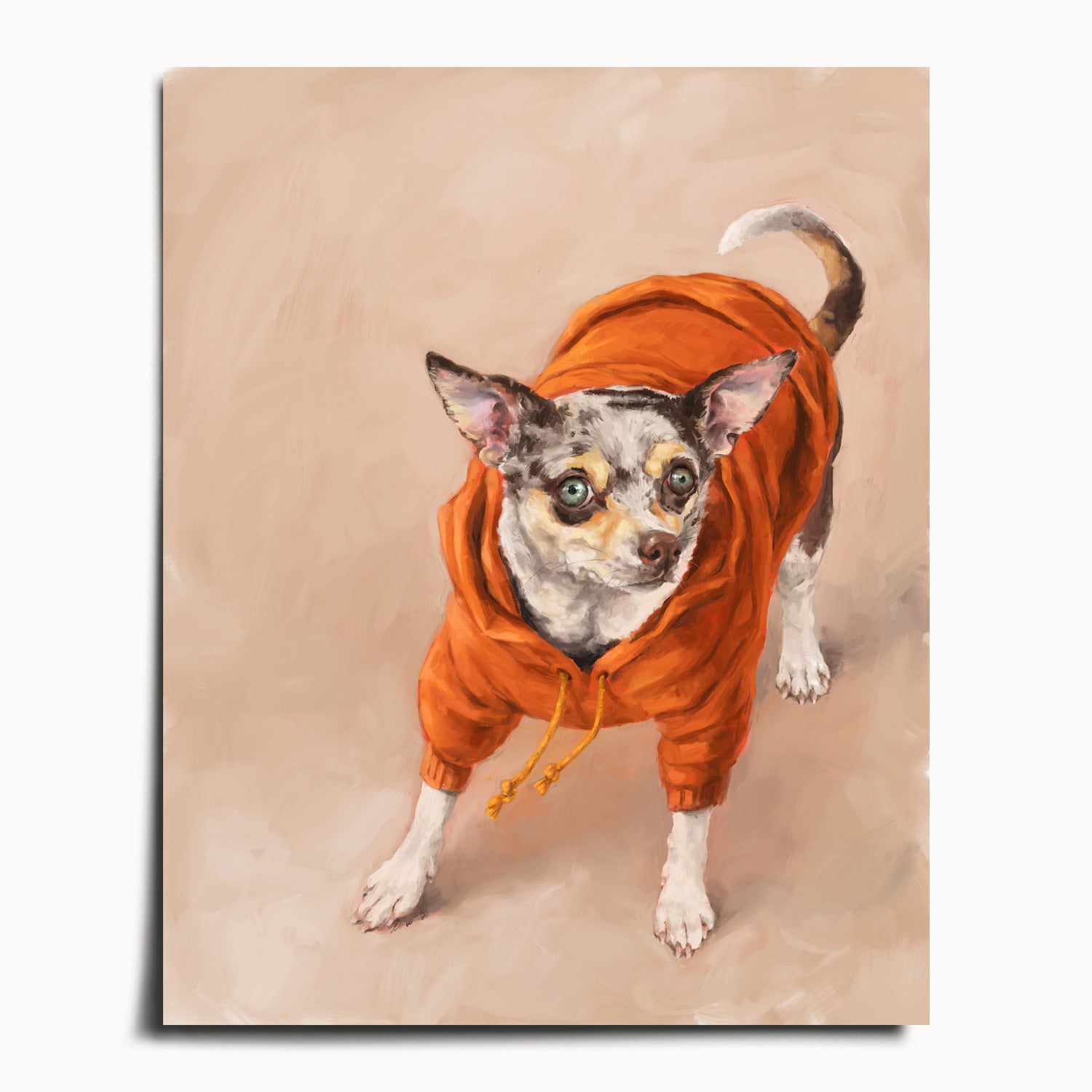 "Eastern Passage Dog" by Catherine Hébert - Chihuahua in Orange Hoodie Art Print - 40"x50" size
