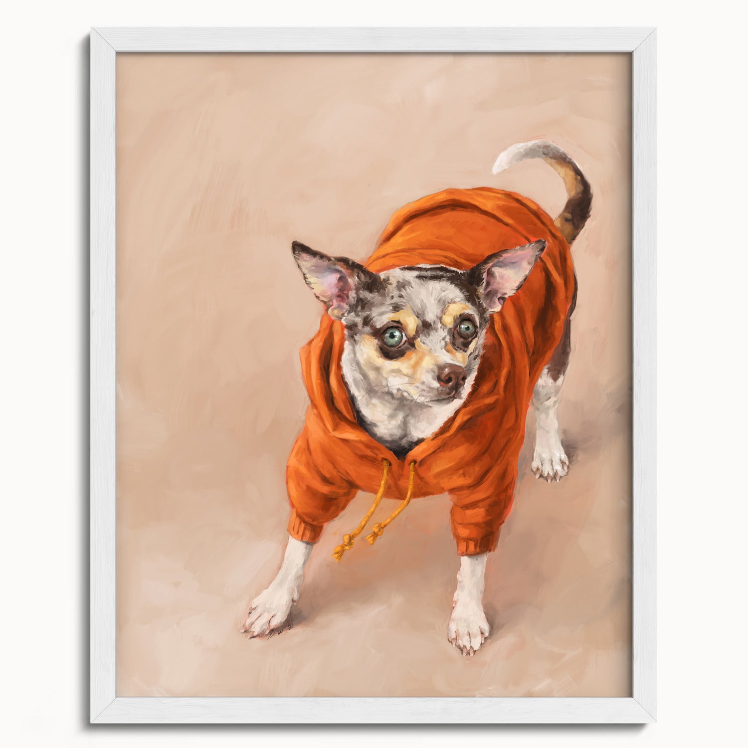 "Eastern Passage Dog" by Catherine Hébert - Chihuahua in Orange Hoodie Art Print - 16"x20" size