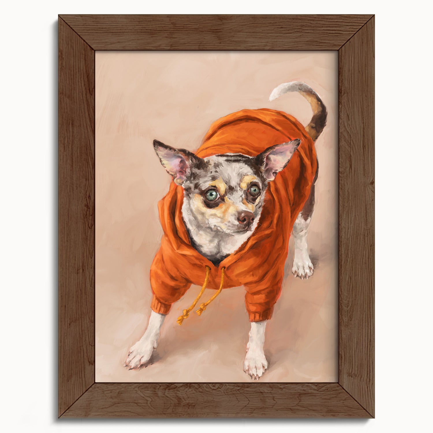 "Eastern Passage Dog" by Catherine Hébert - Chihuahua in Orange Hoodie Art Print - 5"x7" size