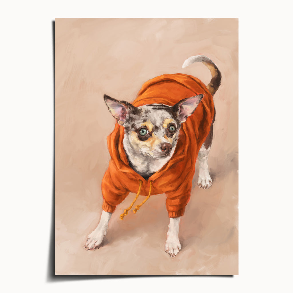 "Eastern Passage Dog" by Catherine Hébert - Chihuahua in Orange Hoodie Art Print - 5"x7" size