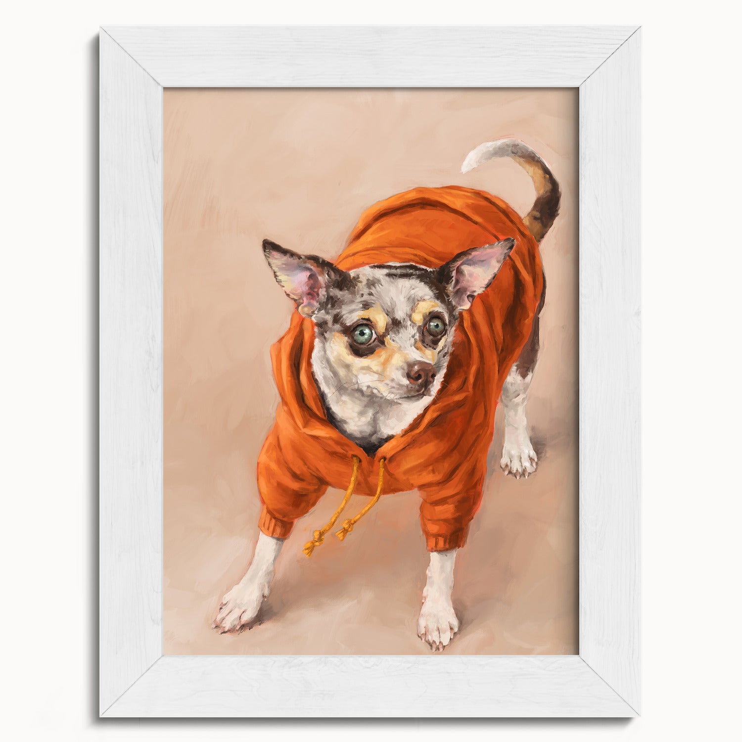 "Eastern Passage Dog" by Catherine Hébert - Chihuahua in Orange Hoodie Art Print - 5"x7" size
