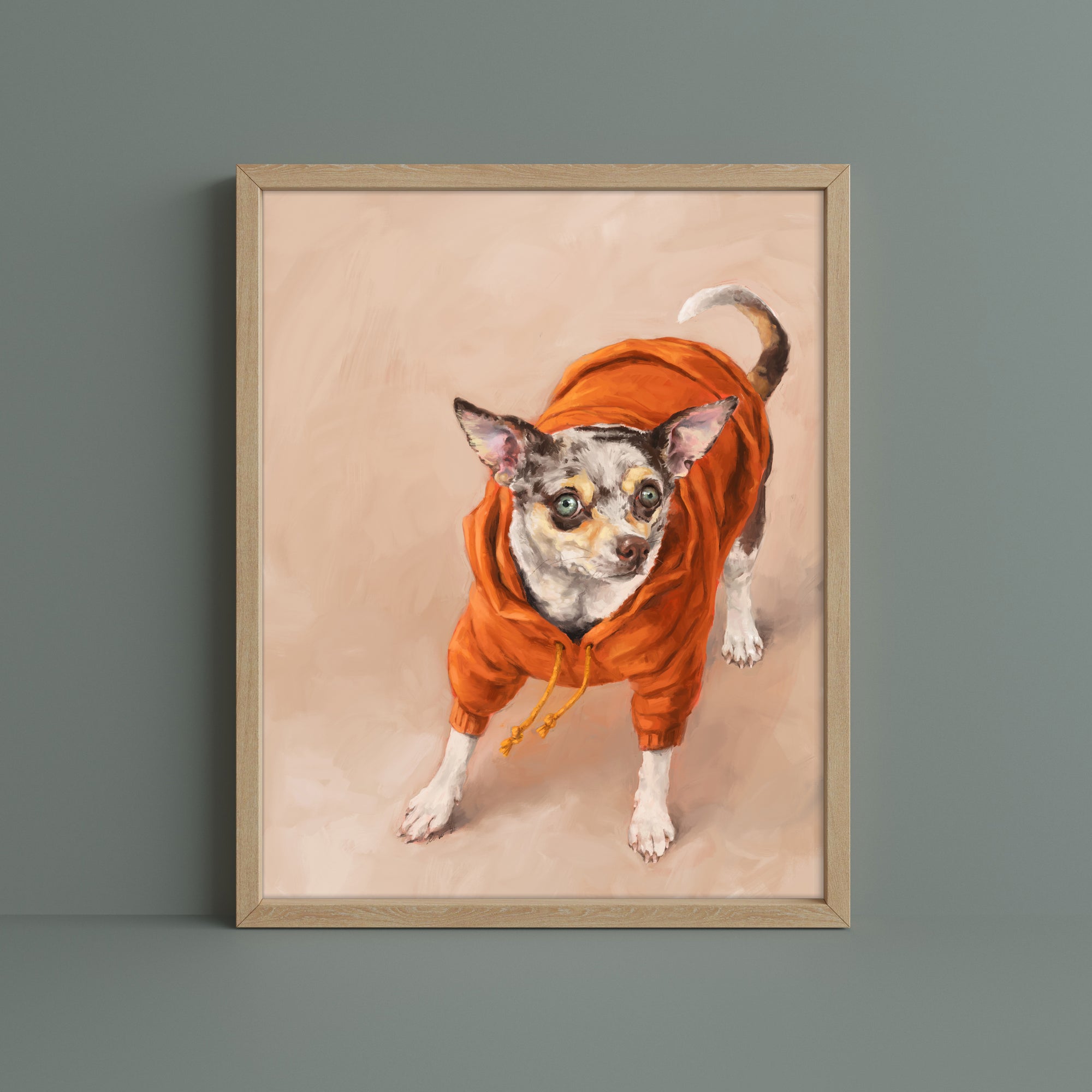 "Eastern Passage Dog" by Catherine Hébert - Chihuahua in Orange Hoodie Art Print