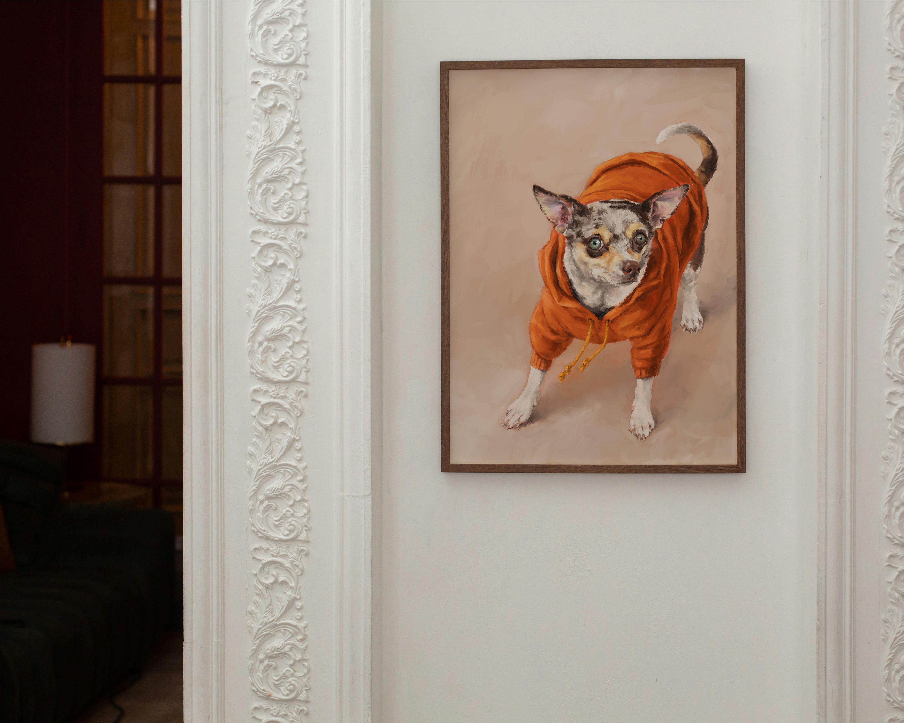 "Eastern Passage Dog" by Catherine Hébert - Chihuahua in Orange Hoodie Art Print
