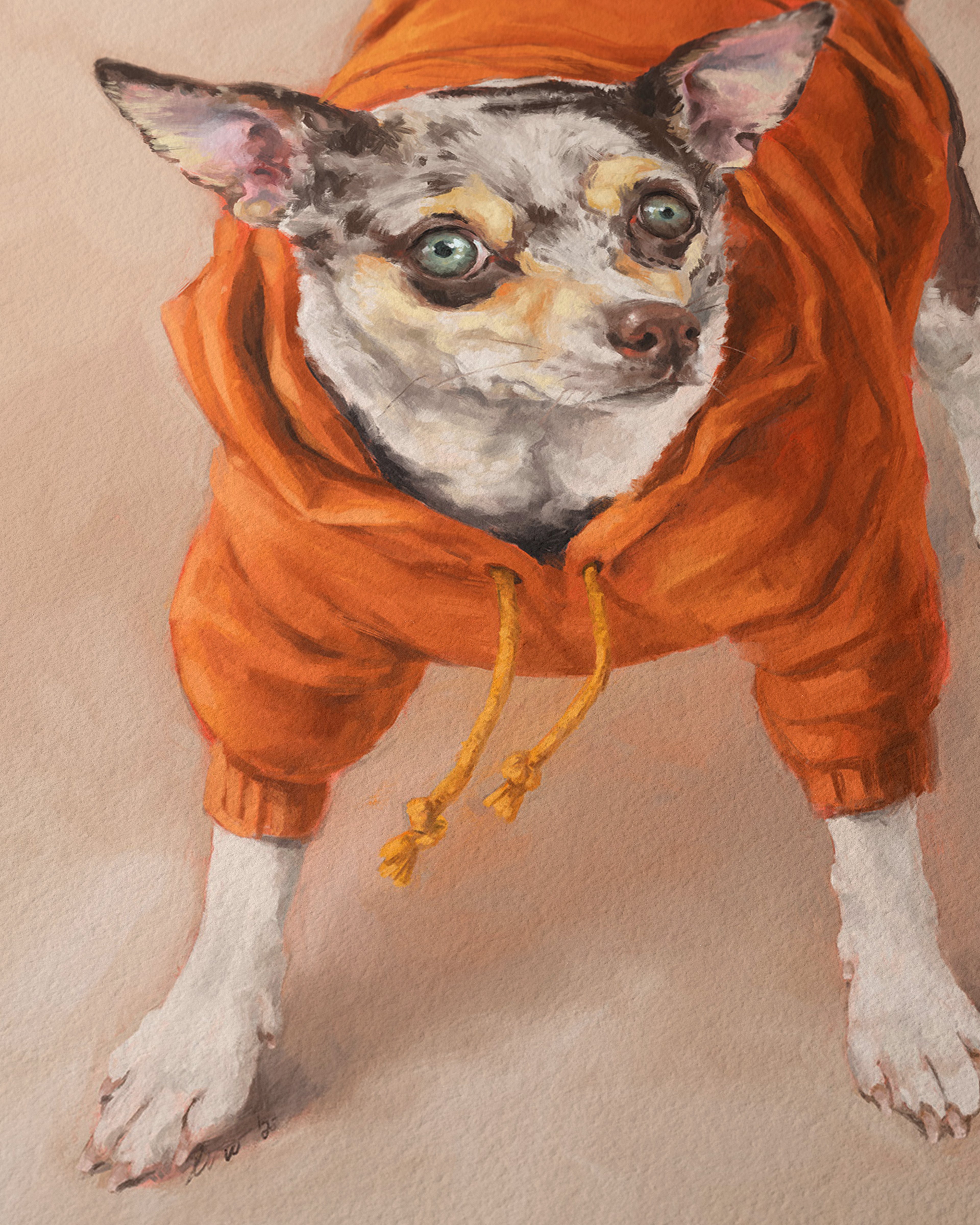 "Eastern Passage Dog" by Catherine Hébert - Chihuahua in Orange Hoodie Art Print