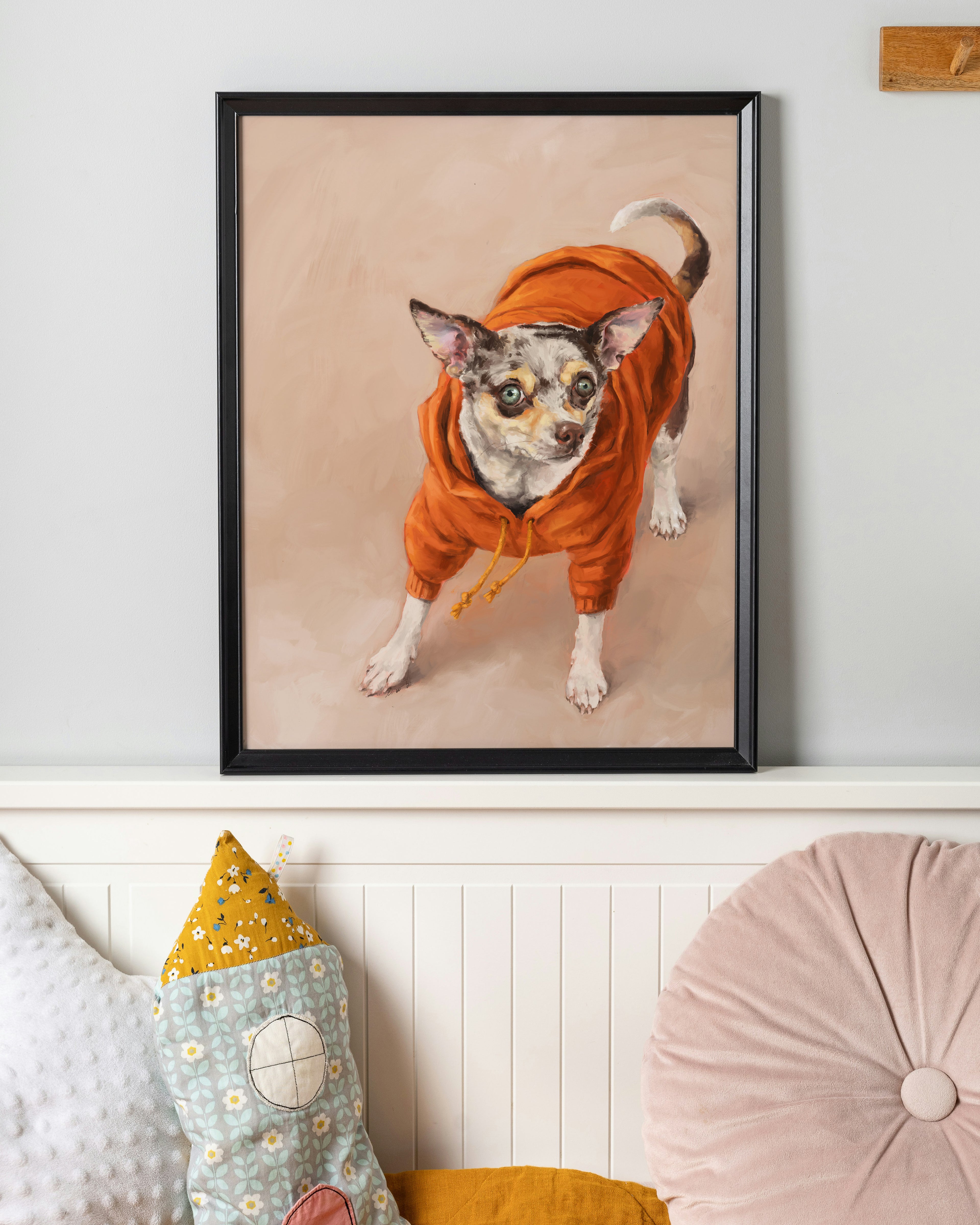 "Eastern Passage Dog" by Catherine Hébert - Chihuahua in Orange Hoodie Art Print