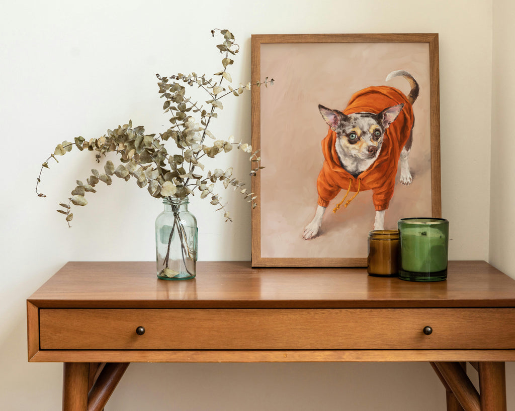 "Eastern Passage Dog" by Catherine Hébert - Chihuahua in Orange Hoodie Art Print