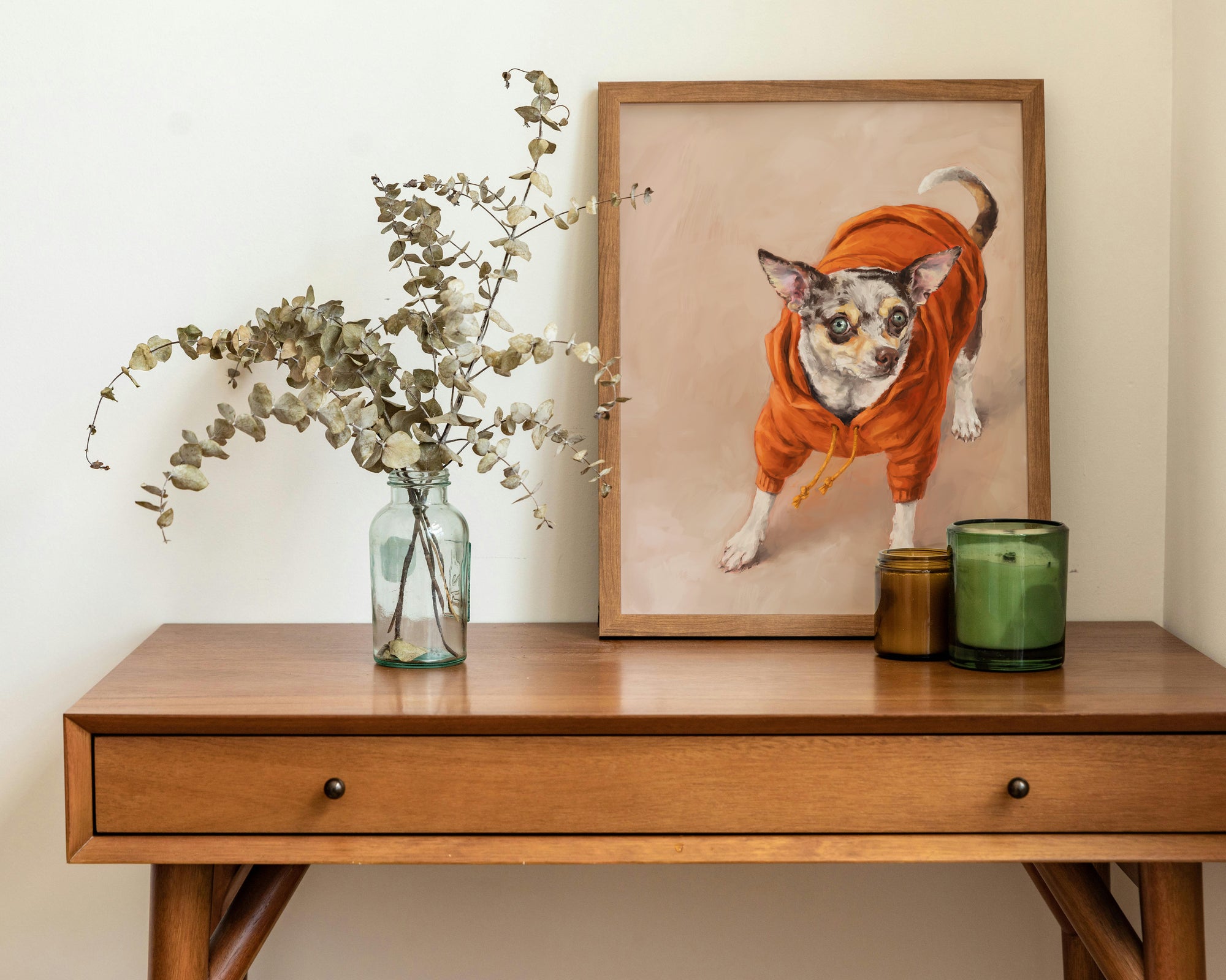 "Eastern Passage Dog" by Catherine Hébert - Chihuahua in Orange Hoodie Art Print