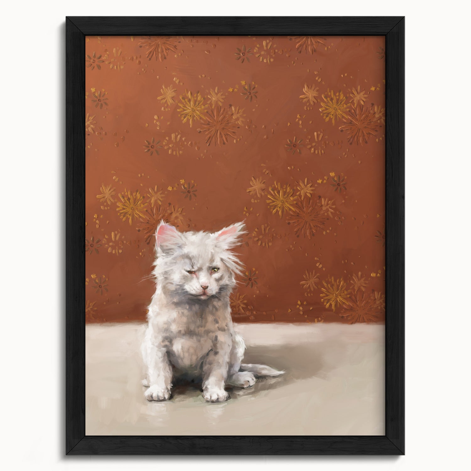 "One Eye Pete" by Catherine Hébert - One Eye Pete - White Kitten With One Eye Art Print - 12"x16" size