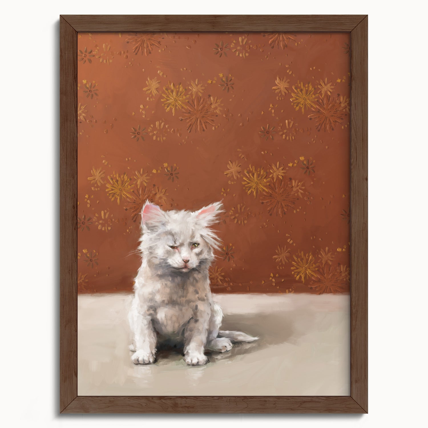 "One Eye Pete" by Catherine Hébert - One Eye Pete - White Kitten With One Eye Art Print - 12"x16" size