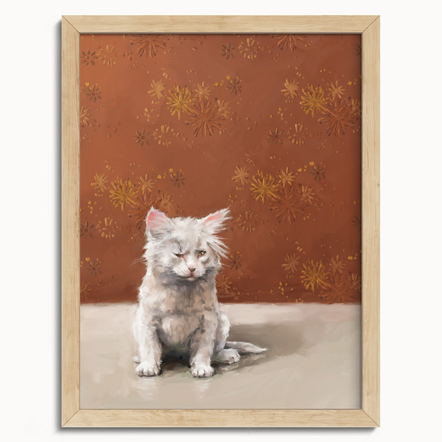 "One Eye Pete" by Catherine Hébert - One Eye Pete - White Kitten With One Eye Art Print - 12"x16" size